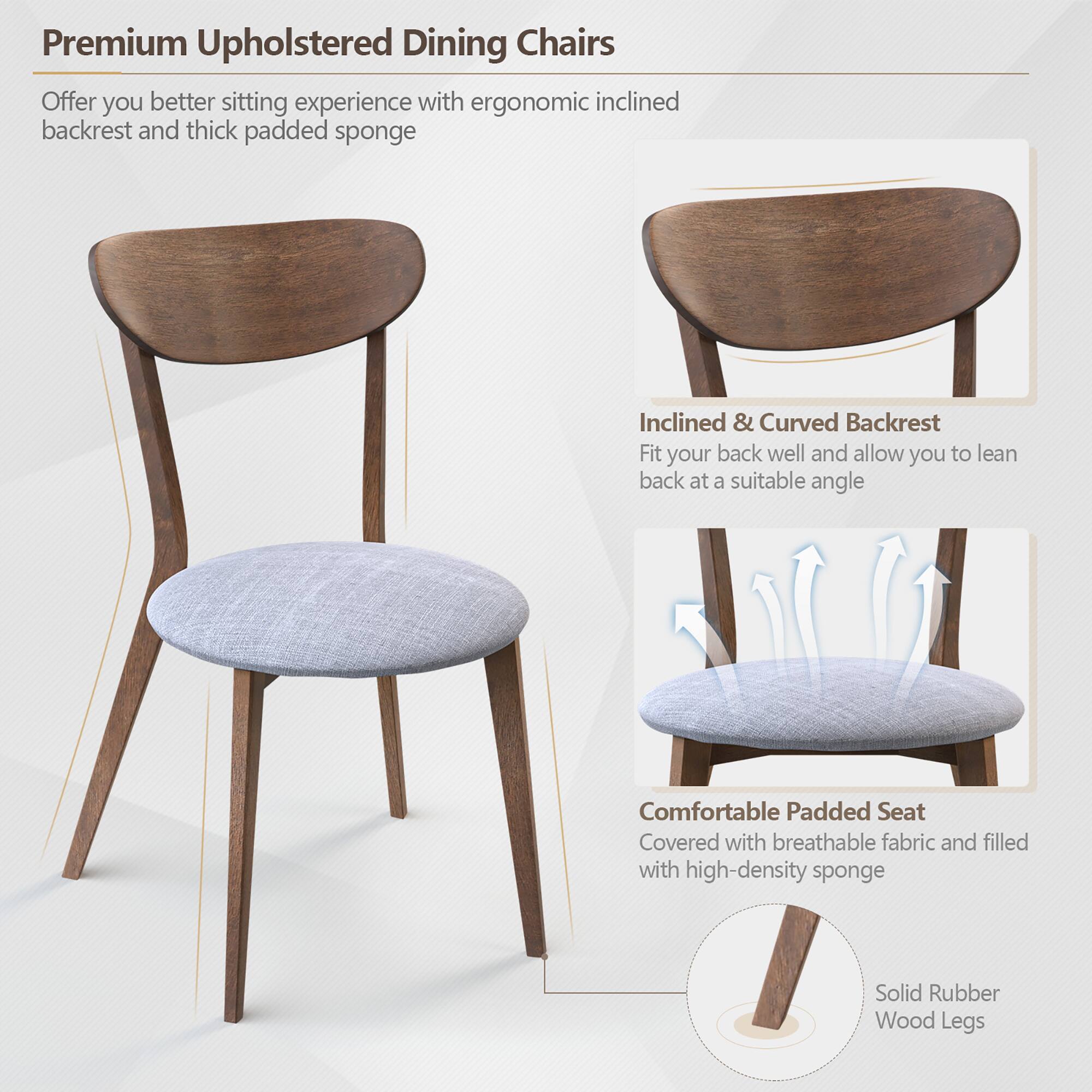 Premium Upholstered Dining Chairs

Offer you better sitting experience with ergonomic inclined backrest and thick padded sponge

Inclined & Curved Backrest
Fit your back well and allow you to lean back at a suitable angle

Comfortable Padded Seat
Covered with breathable fabric and filled with high-density sponge

Solid Rubber Wood Legs