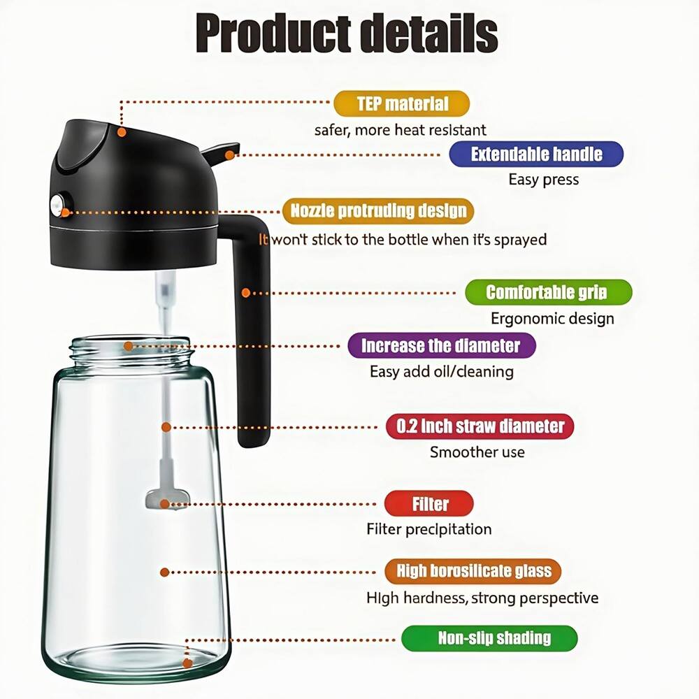 Product details

- TEP material
  - Safer, more heat resistant

- Extendable handle
  - Easy press

- Nozzle protruding design
  - It won't stick to the bottle when it's sprayed

- Comfortable grip
  - Ergonomic design

- Increase the diameter
  - Easy add oil/cleaning

- 0.2 Inch straw diameter
  - Smoother use

- Filter
  - Filter precipitation

- High borosilicate glass
  - High hardness, strong perspective

- Non-slip shading