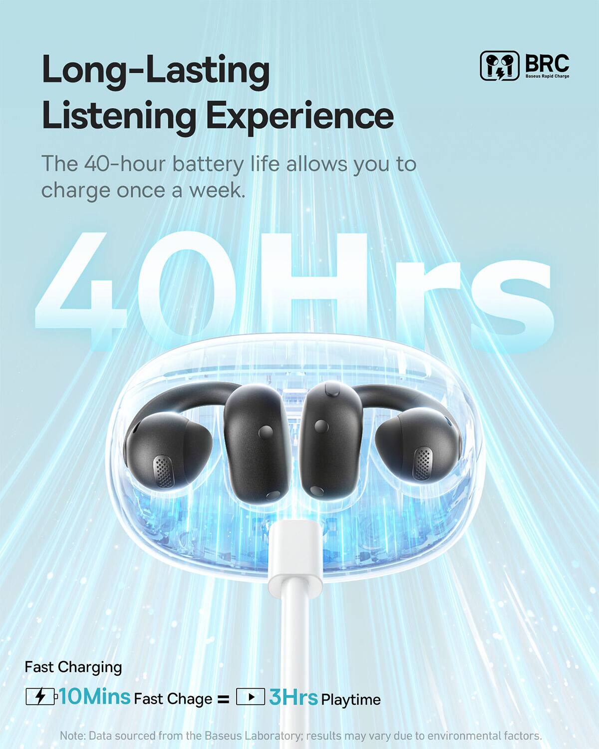 BRC Long-Lasting Listening Experience  
The 40-hour battery life allows you to charge once a week.  

40Hrs  
Fast Charging  
10Mins Fast Charge = 3Hrs Playtime  

Note: Data sourced from the Baseus Laboratory; results may vary due to environmental factors.