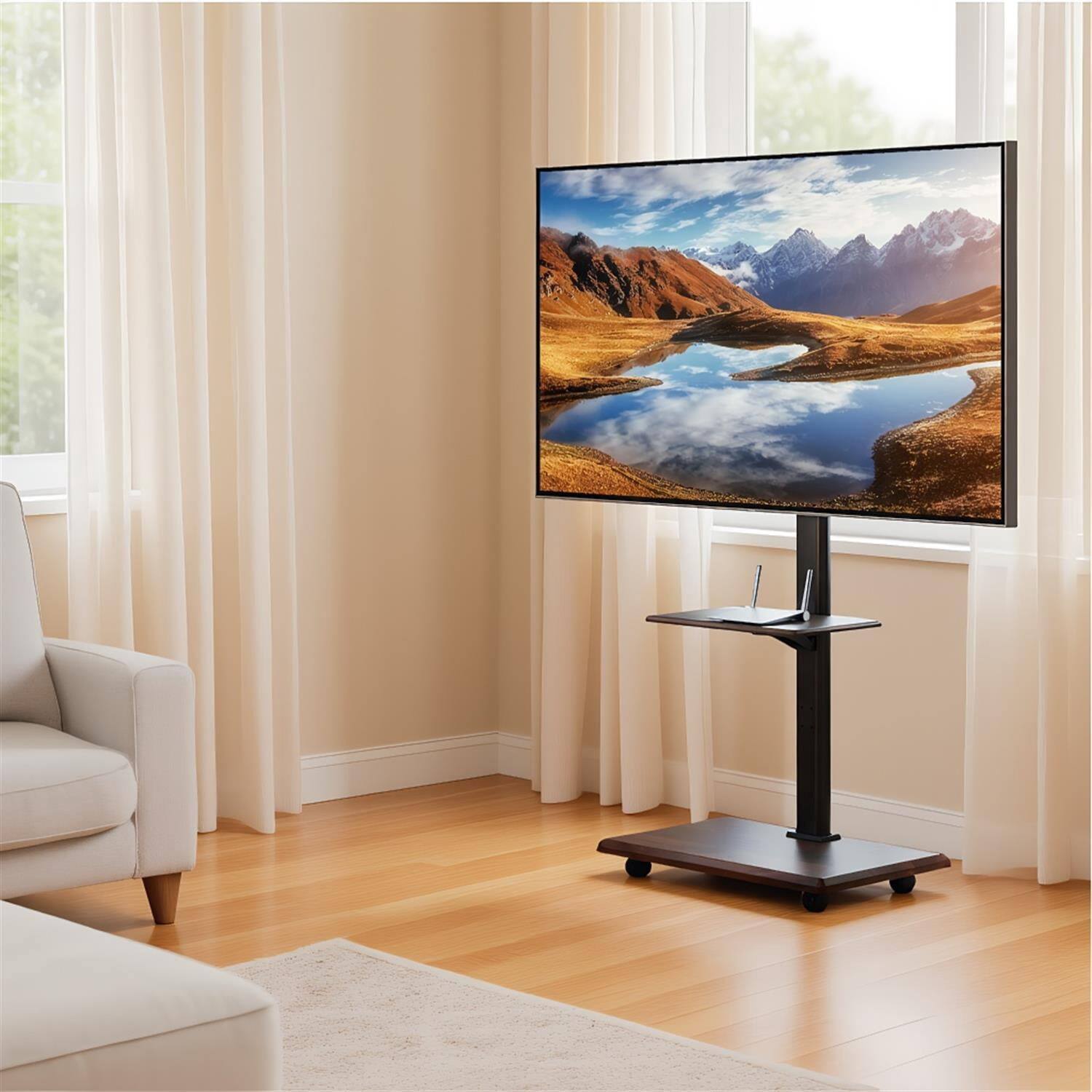 Front. Pefilos - Rolling TV on Wheels Mobile Cart for 32-75 Inch TVs, Portable Entertainment with Lockable Casters Cable TV Stand - Black.