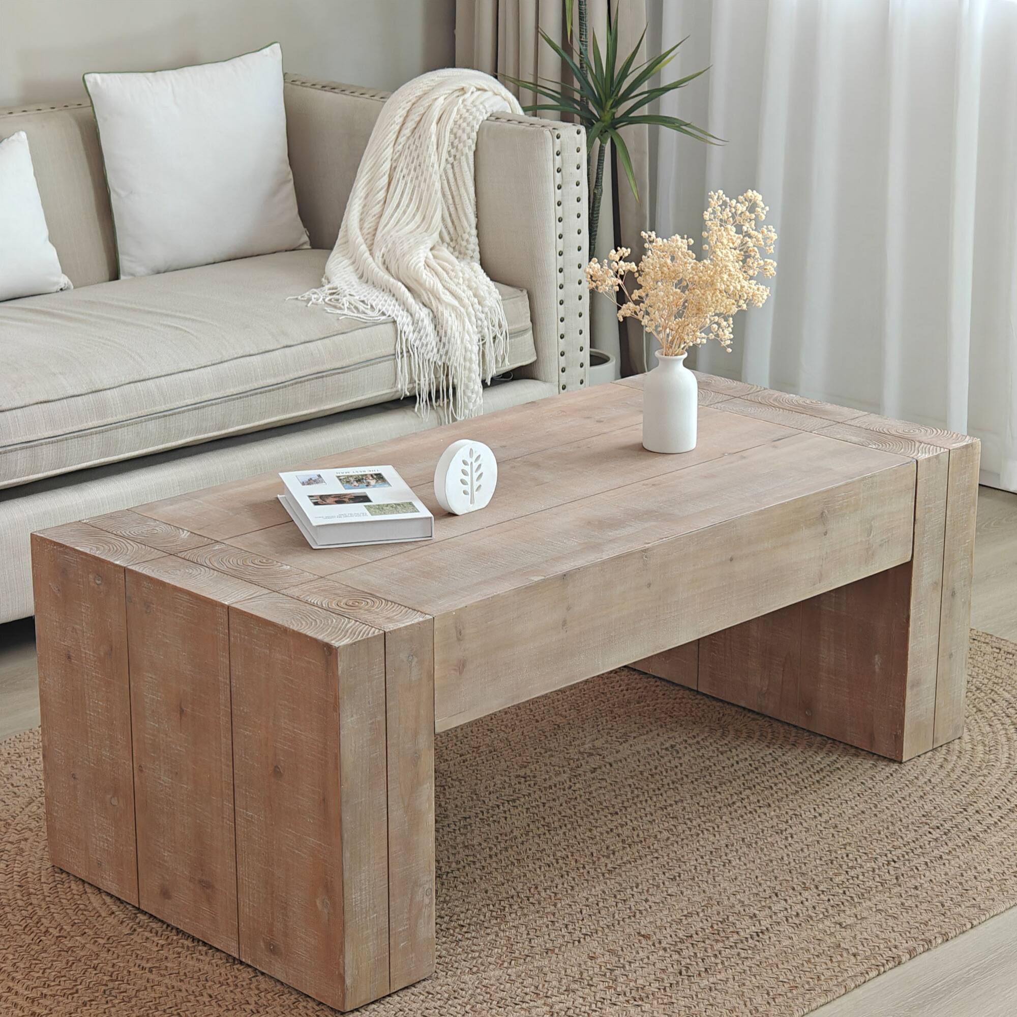 Front. GOODSILO - Rustic Farmhouse Coffee Table with Distressed Finish Perfect for Living Room Decor - Natural Wood.