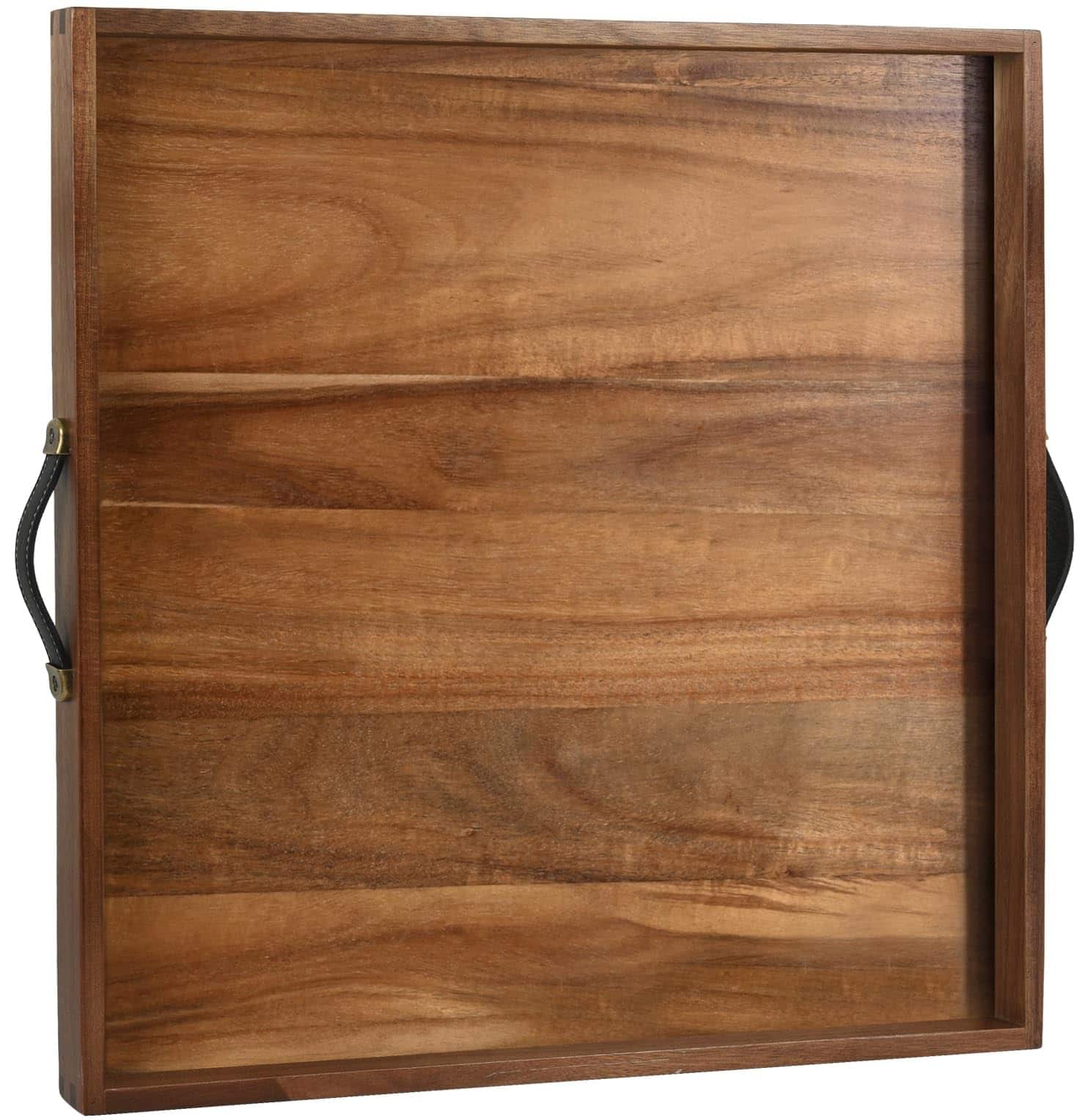 JETRANSPORT - Extra Large Square Ottoman Tray Living Room Coffee Table Inch Decorative Wooden Serving Leather Handles - Default