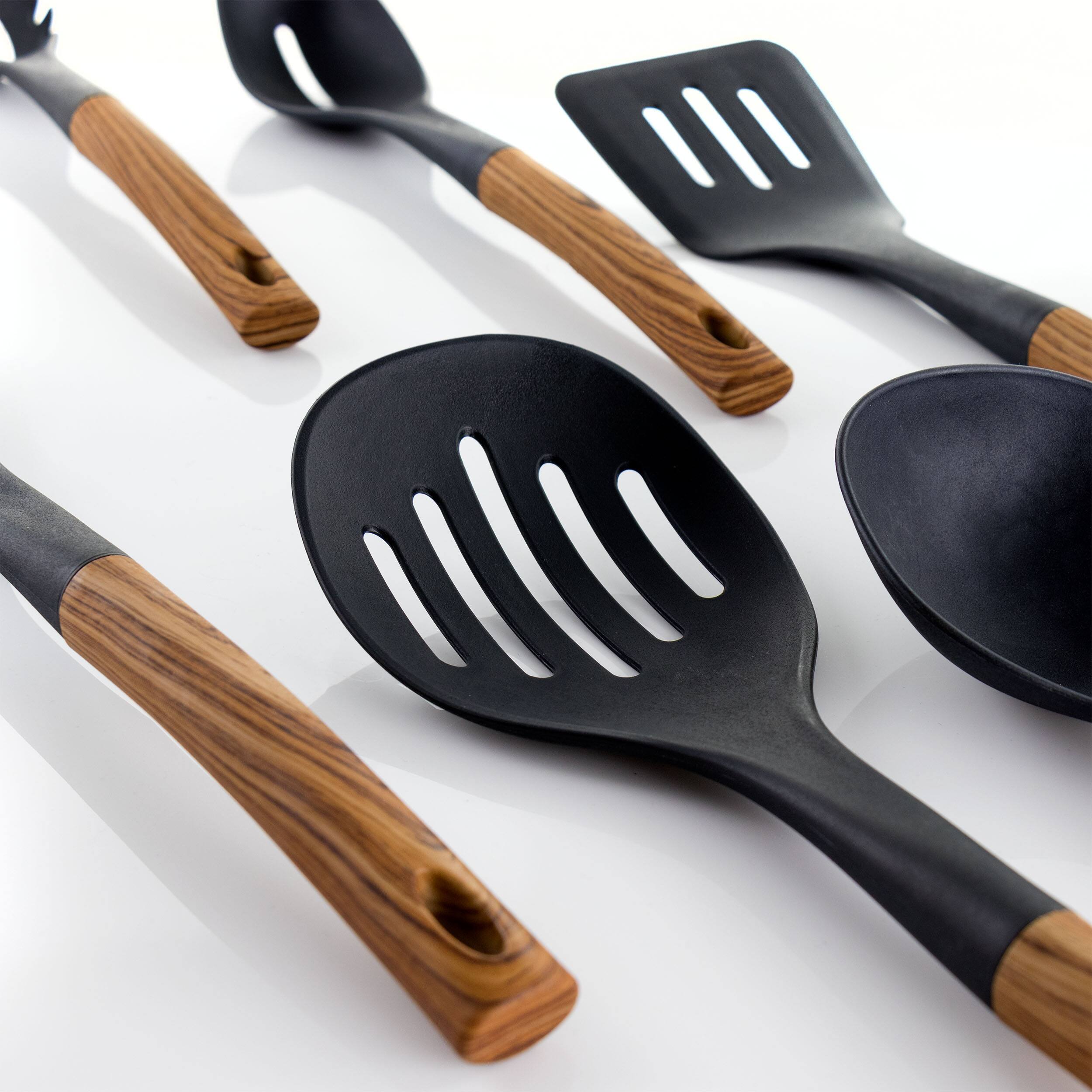 Alt View 4. MegaChef - MegaChef Black Nylon Cooking Utensils with Wood Design, Set of 7 - Black.