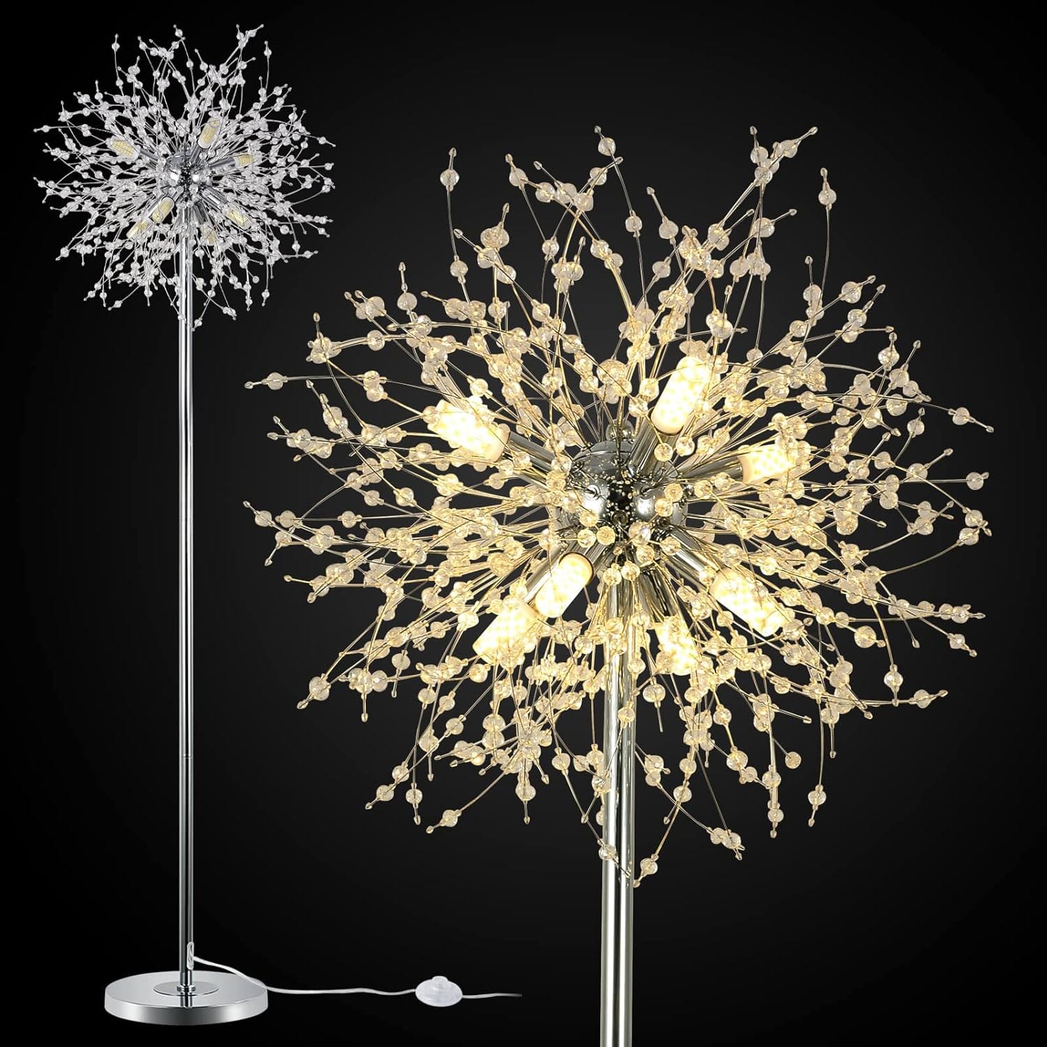 Z-Edge - 69" Crystal Floor Lamp, Modern Standing Lamp with K9 Crystal, LED Floor Lamp, Metal Tall Pole Lamp for Living Room - Silver