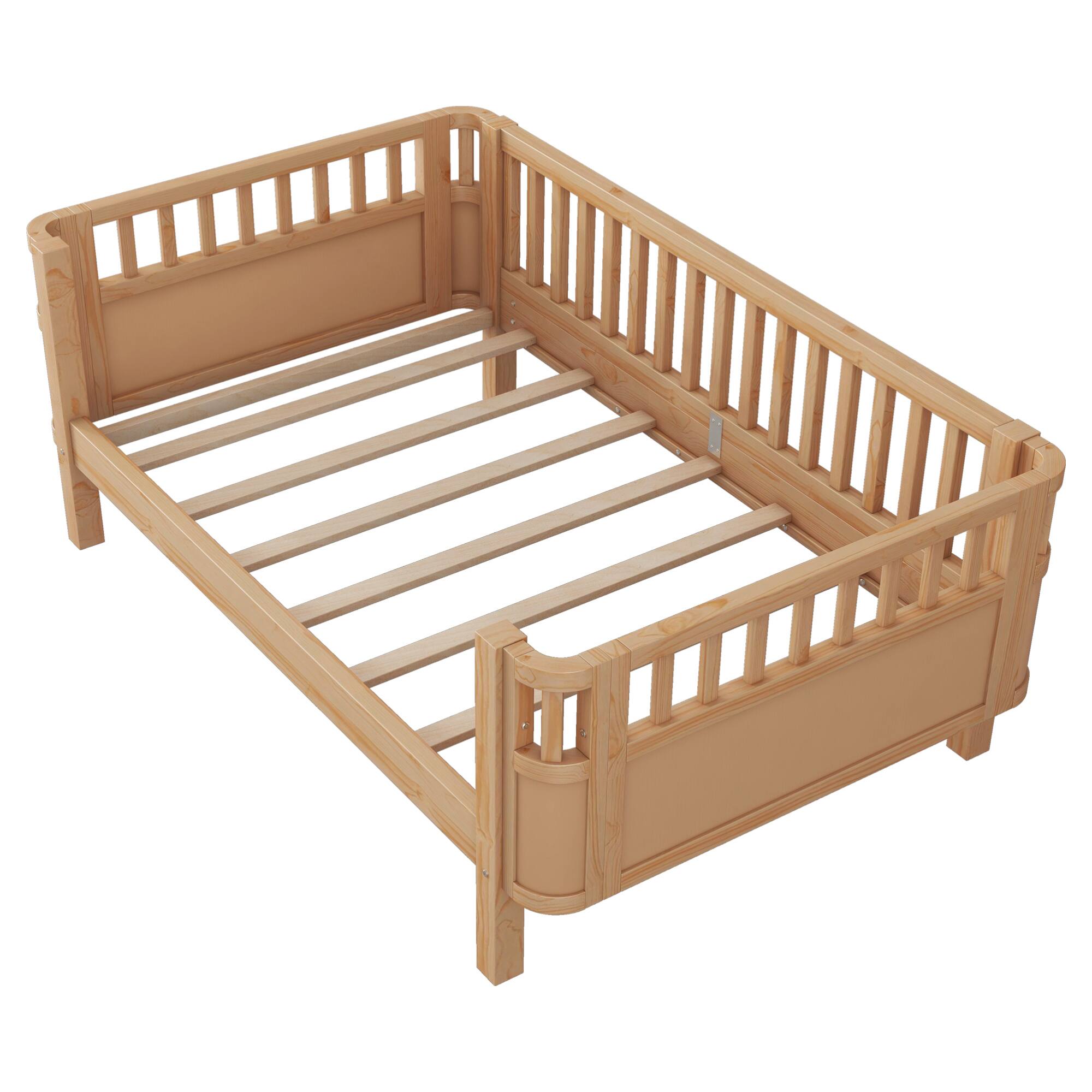 Alt View 5. GOODSILO - Twin Size Wood Platform Bed with Safety Rails for Kids, Low Profile Design with Storage Drawers and Modern Style - Natural.