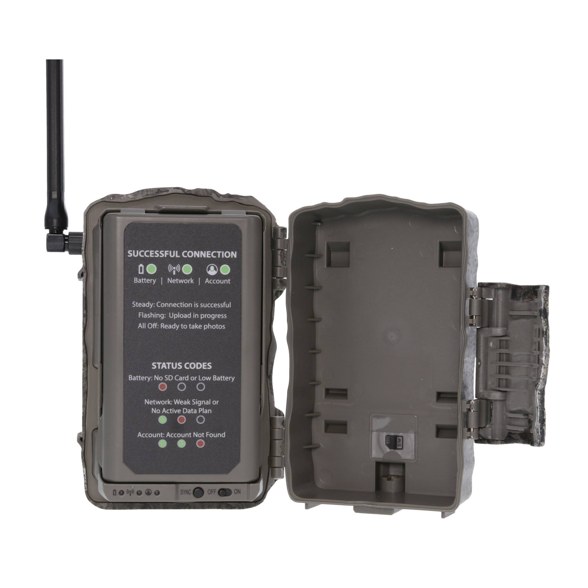 SUCCESSFUL CONNECTION  
Battery | Network | Account  

Steady: Connection is successful  
Flashing: Upload in progress  
All Off: Ready to take photos  

STATUS CODES  
Battery: No SD Card or Low Battery  
Network: Weak Signal or No Active Data Plan  
Account: Account Not Found  

SYNC OFF ON