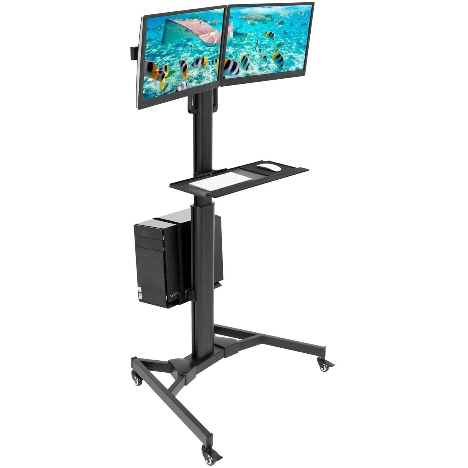Left. Mount-It! - Mobile PC Workstation for Dual Monitors with Height Adjustment, Rolling Base & Integrated CPU Mount - Black.