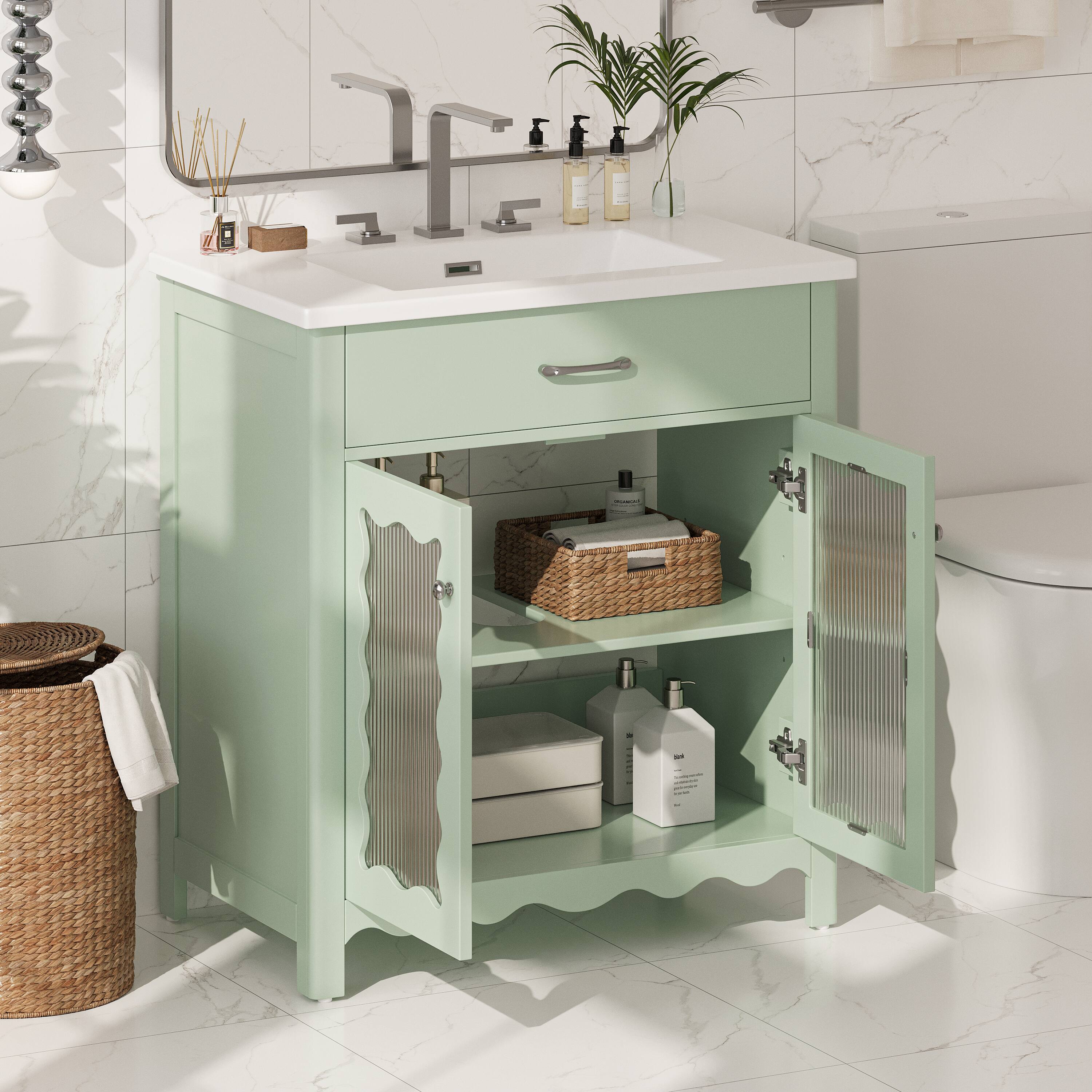 Back. Loheer - 2.58 ft Bathroom Vanity with Tempered Glass, Soft Close Doors and Rubber Wood Legs - Green.