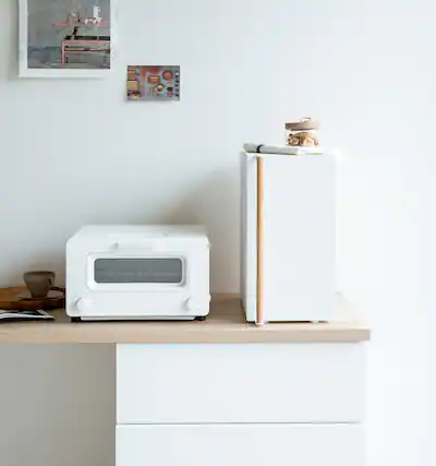 Front. Yamazaki Home - Bread Box - Vertical - Steel + Wood.