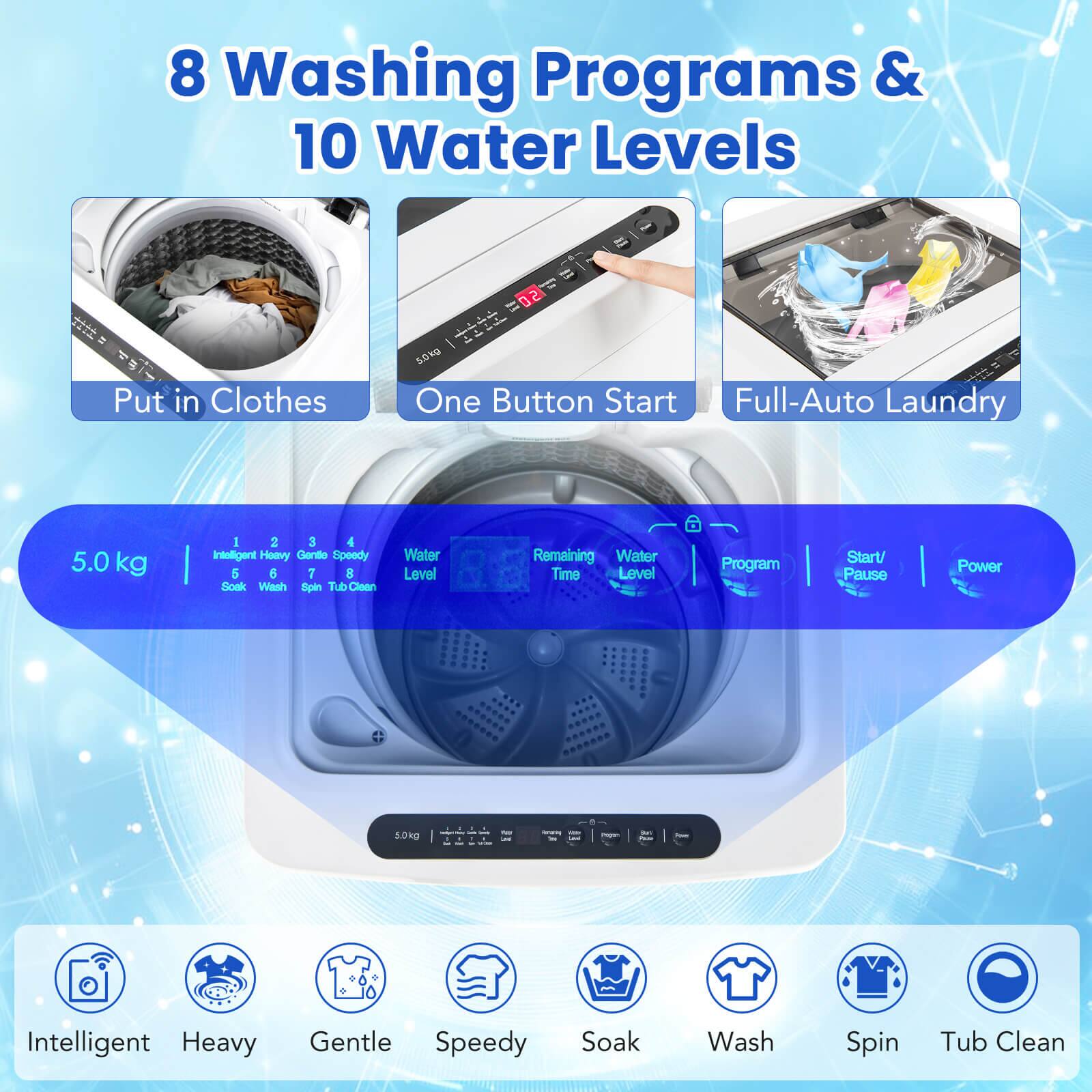 8 Washing Programs & 10 Water Levels

Put in Clothes

One Button Start

Full-Auto Laundry

5.0 kg

Intelligent Heavy Gentle Speedy Soak Wash Spin Tub Clean

Water Level

Remaining Time

Program

Start/Pause

Power

Intelligent Heavy Gentle Speedy Soak Wash Spin Tub Clean