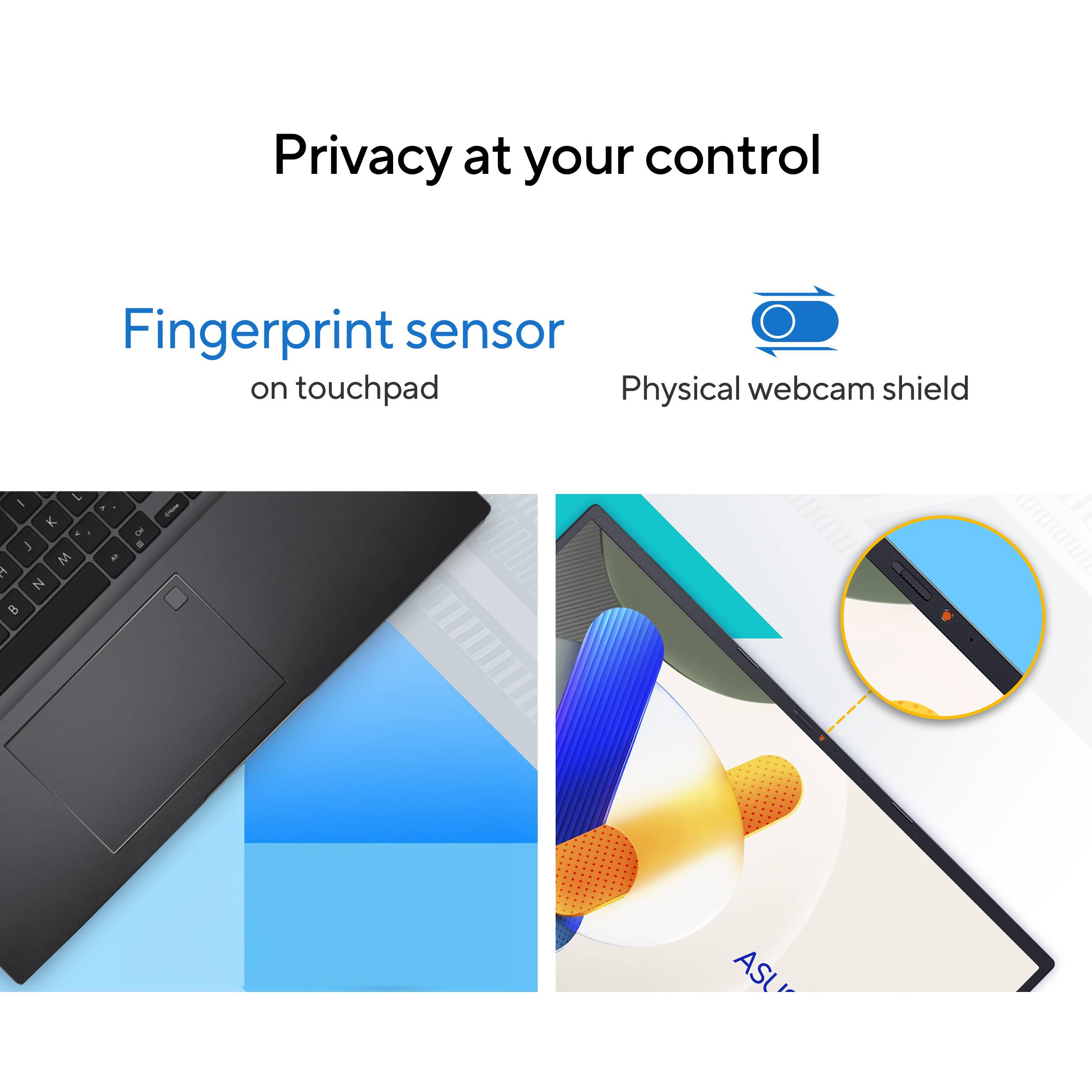 Privacy at your control Fingerprint sensor on touchpad Physical webcam shield