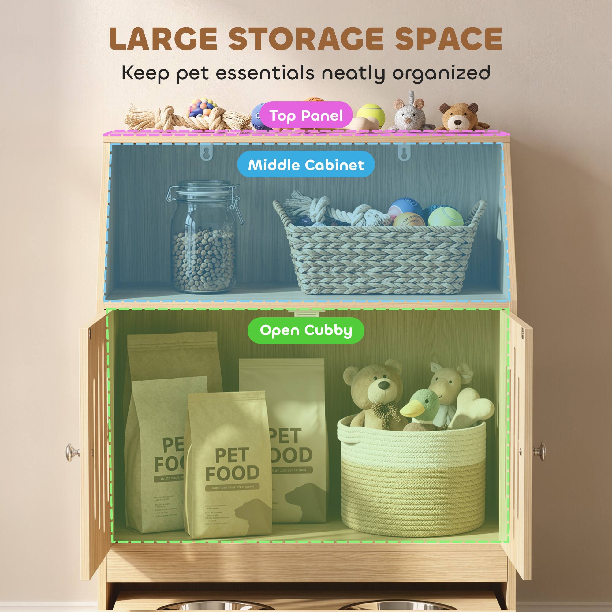 LARGE STORAGE SPACE  
Keep pet essentials neatly organized

Top Panel  
Middle Cabinet  
Open Cubby