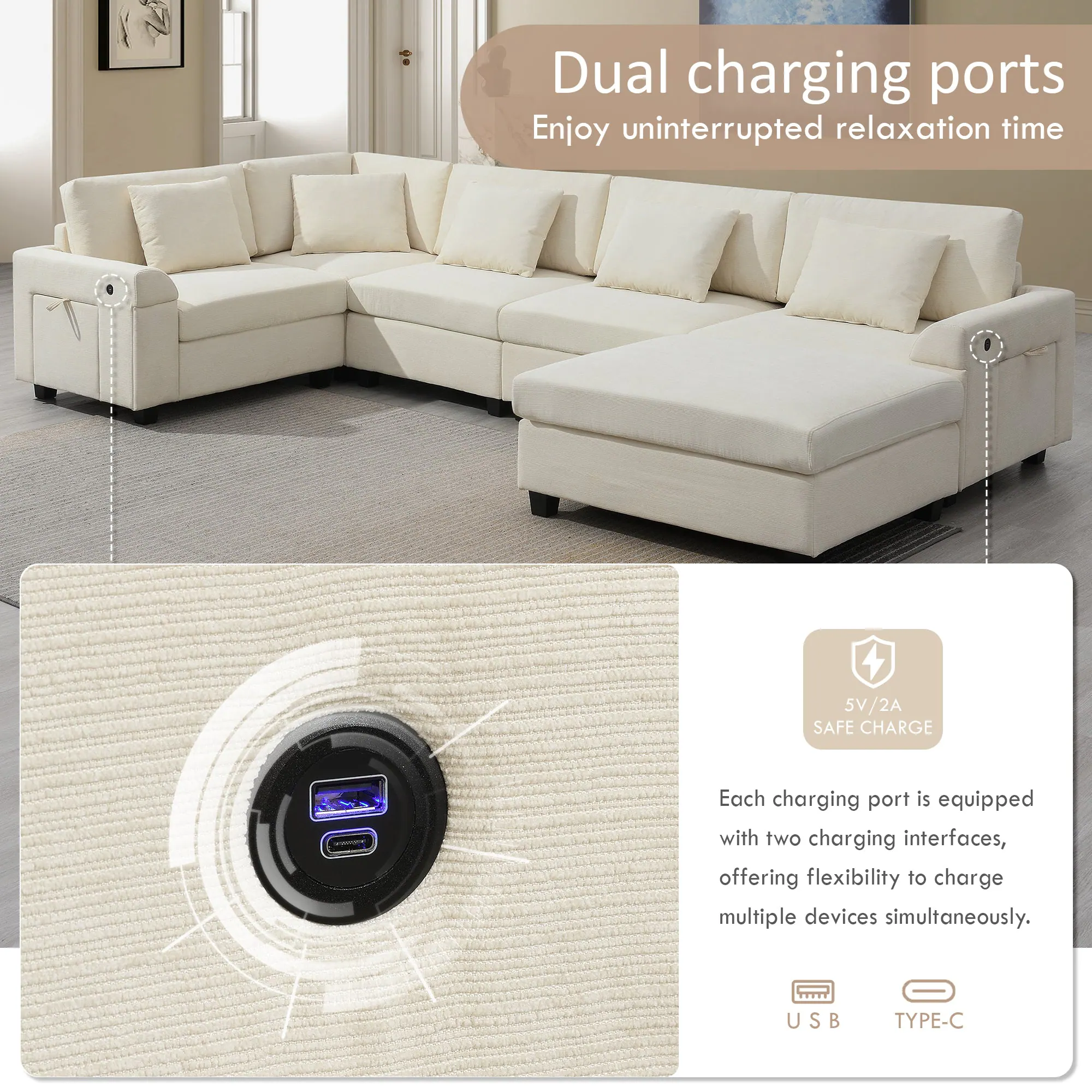 Dual charging ports  
Enjoy uninterrupted relaxation time  

5V 5V/2A 2A SAFE CHARGE  

Each charging port is equipped with two charging interfaces, offering flexibility to charge multiple devices simultaneously.  

U S B  
TYPE-C