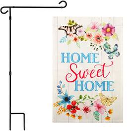 G128 - Combo Pack: Garden Flag Stand 36 x 16 in & 12 x 18 in Double-Sided Home Sweet Home Butterflies Flag - Multicolor