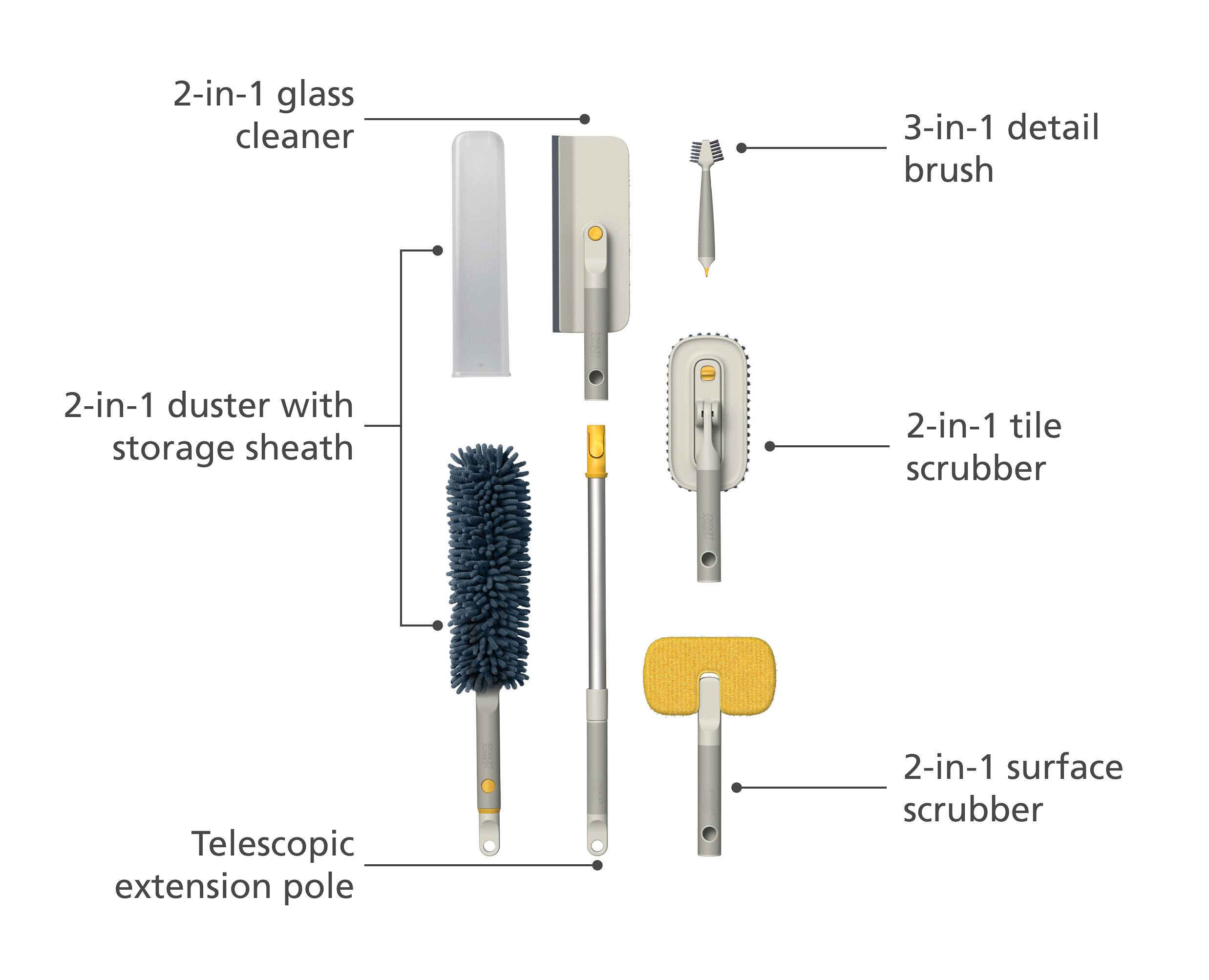 2-in-1 glass cleaner  
3-in-1 detail brush  
2-in-1 duster with storage sheath  
2-in-1 tile scrubber  
Telescopic extension pole  
2-in-1 surface scrubber