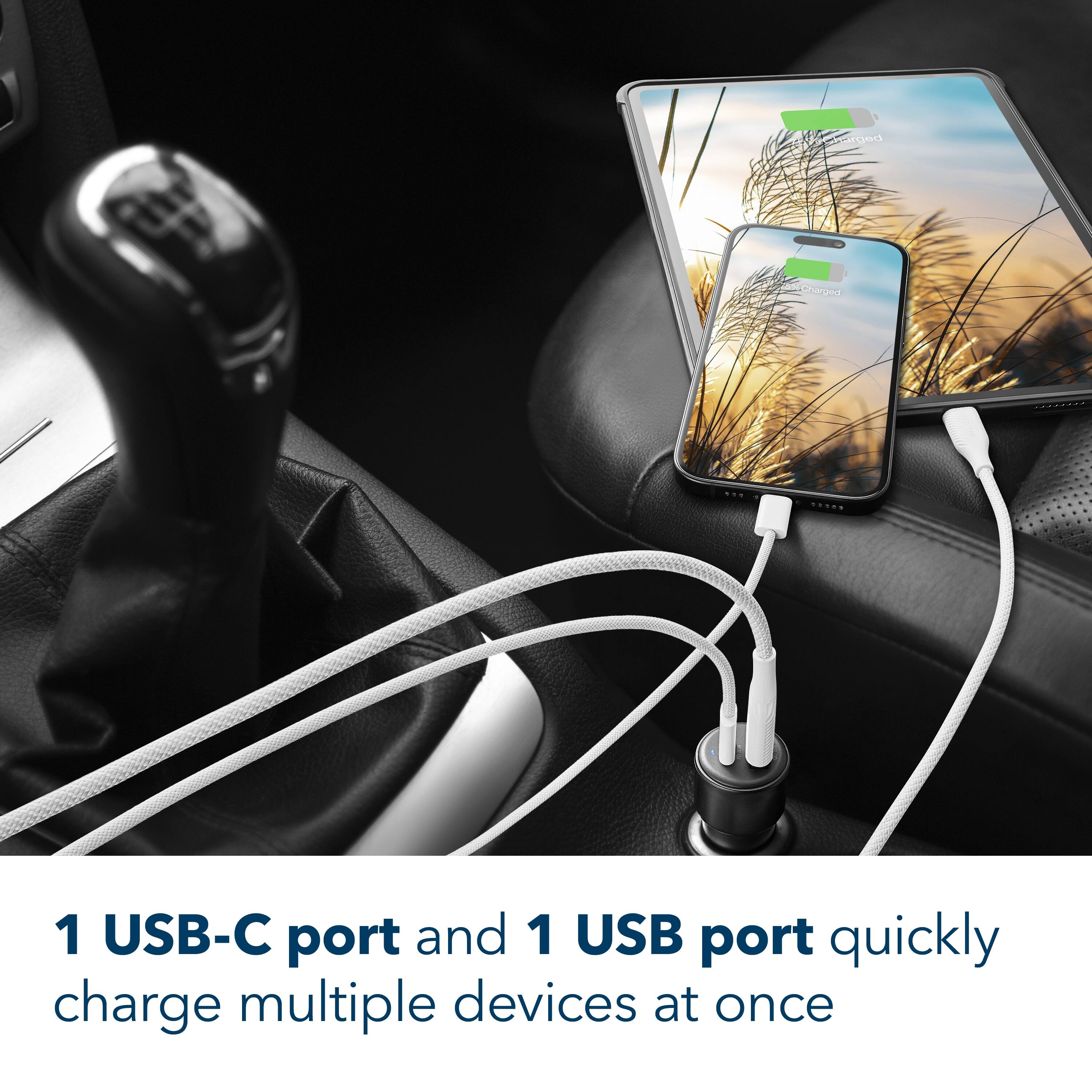 "1 USB-C port and 1 USB port quickly charge multiple devices at once."