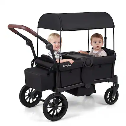 Front. Costway - Costway Foldable Wagon Stroller for 2 Kids, Double Seater Toddler Stroller with Canopy Black - Black.