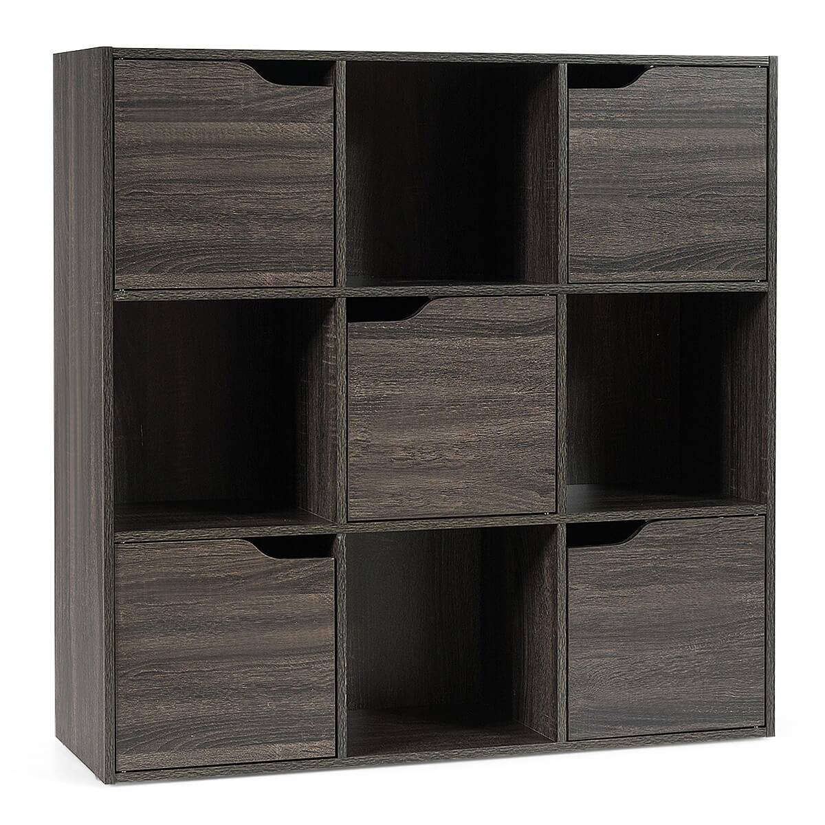 Costway - 9 Cube Bookcase Cabinet Wood Bookcase Storage Shelves Room Divider Organization - Gray