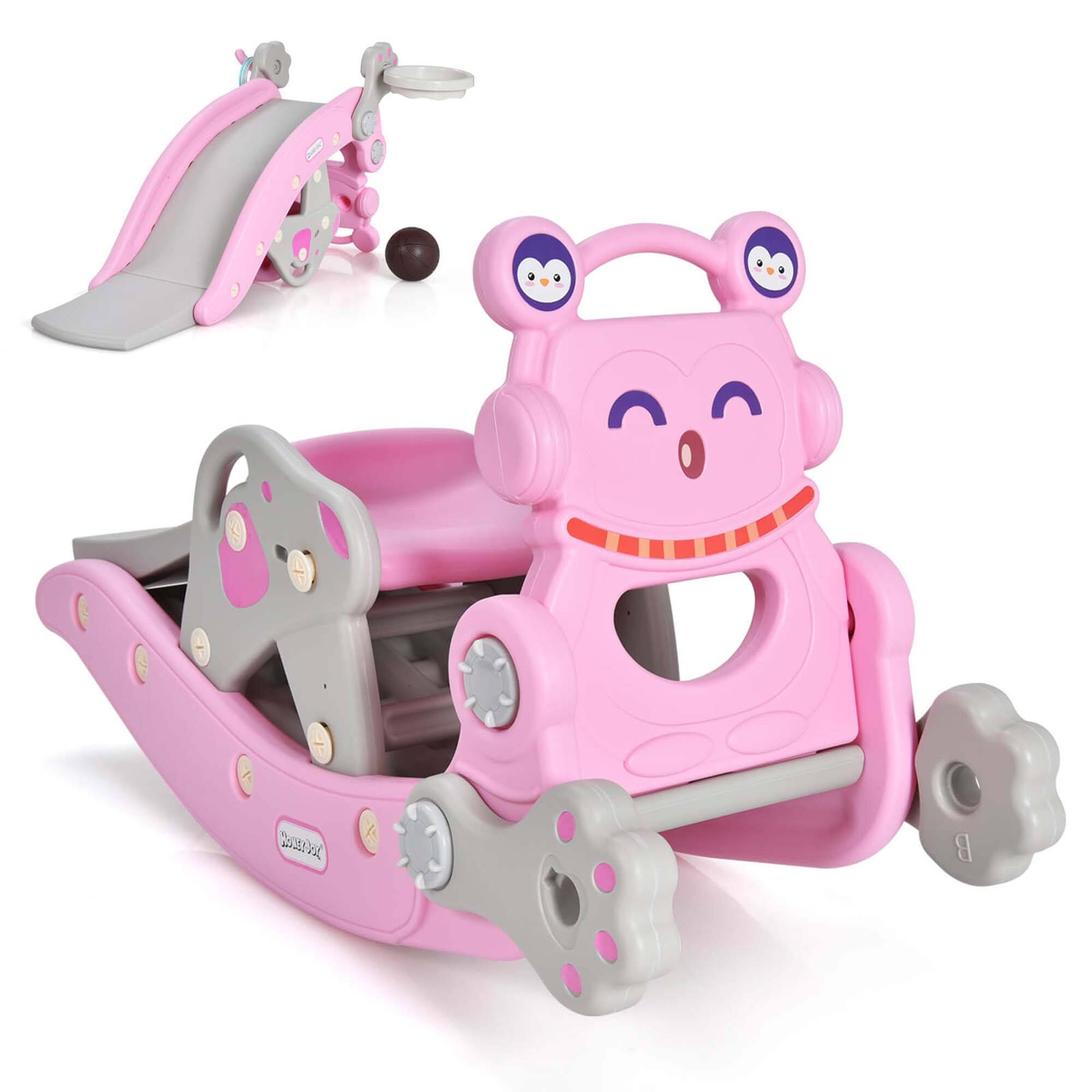 Alt View 8. Costway - Costway 4-in-1 Rocking Horse & Slide Set Toddler Slide Toy with Basketball Hoop - Pink.