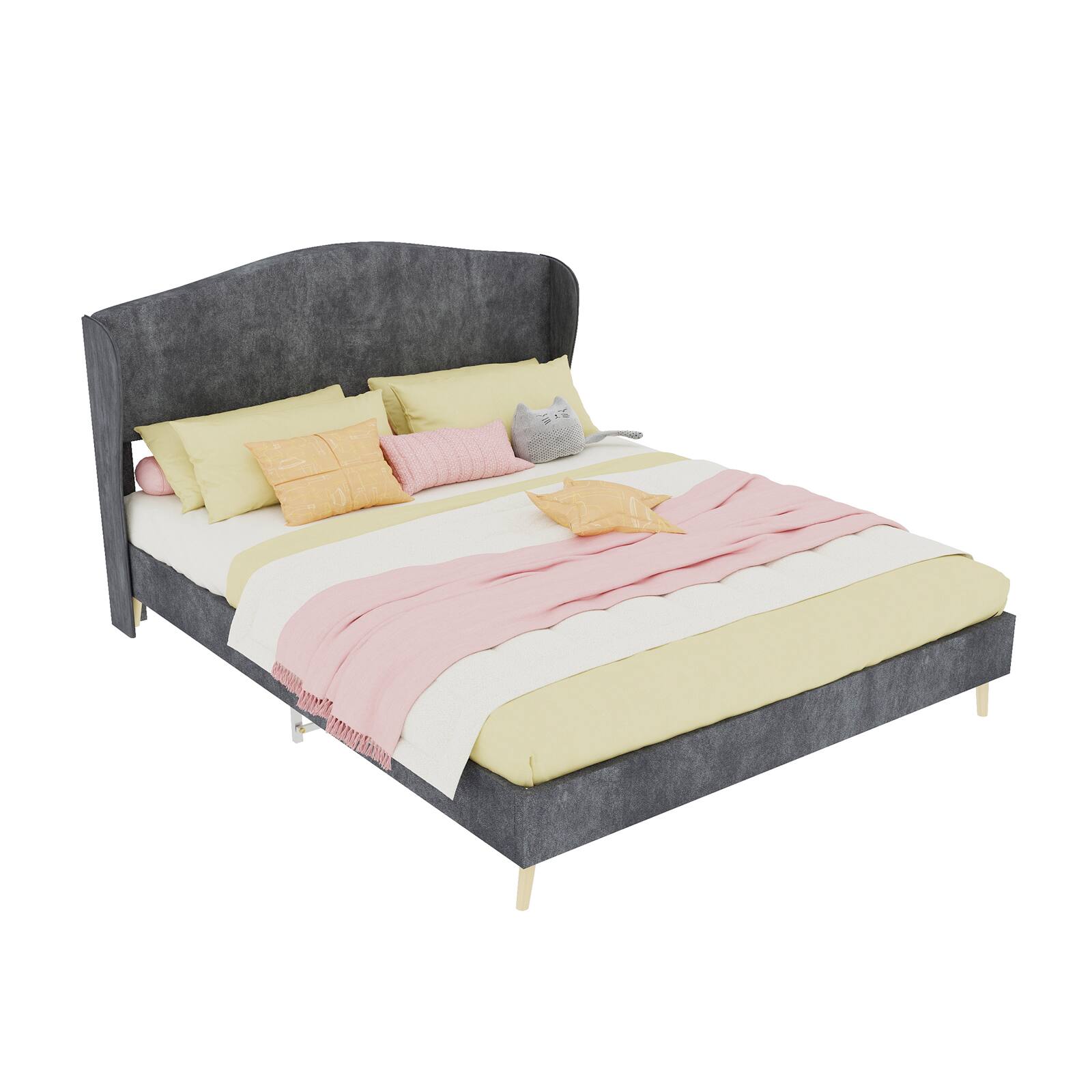 Alt View 6. Loheer - Loheer Gray Velvet Queen Bed Upholstered Platform Bed Frame Luxury Master Bedroom Furniture - Grey.