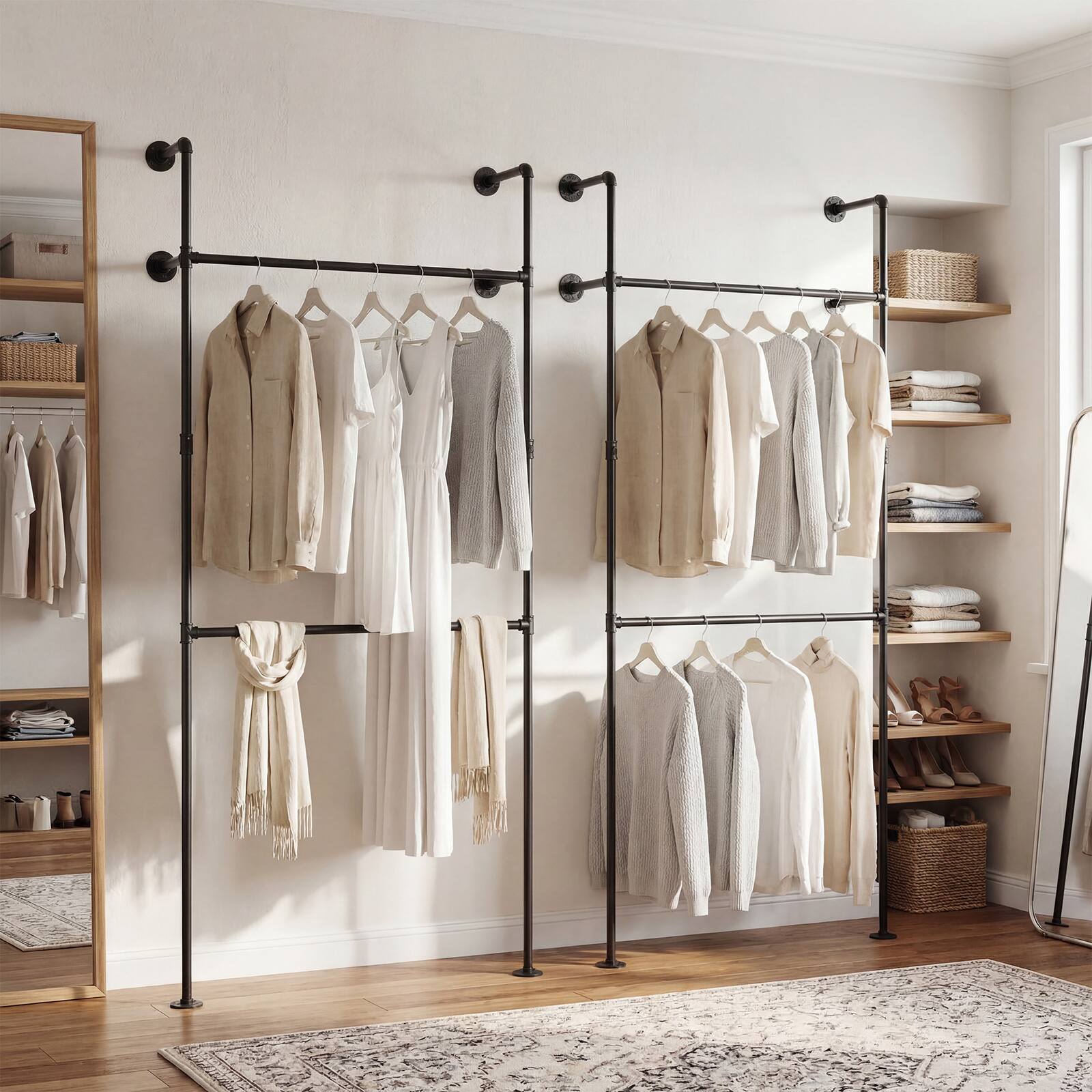 Alt View 7. Gymax - Gymax Industrial Pipe Clothing Rack Wall Mounted Heavy-Duty Metal Garment Organizer - Black.