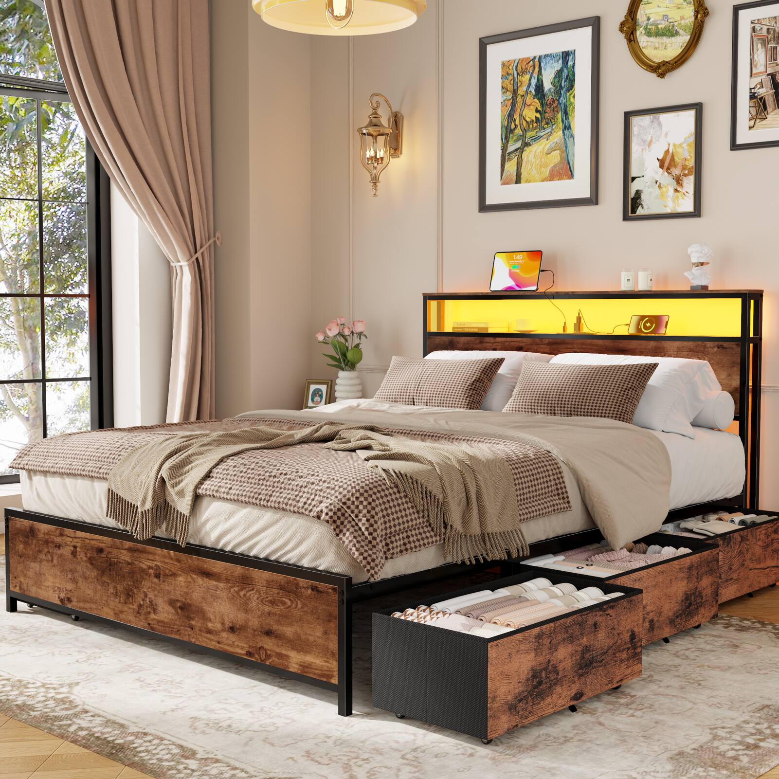 Front. Furnulem - Platform Bed with 6 Drawers and Open Storage Headboard Adjustable LED Light and Charging Station - Brown.