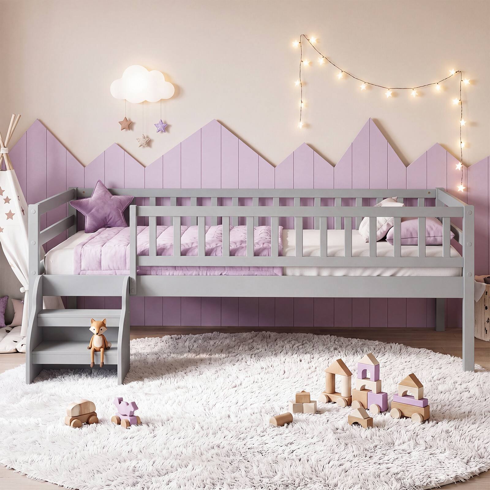 Alt View 4. Costway - Costway Twin Size Montessori Bed with Stairs Guardrails Wooden Slat Support Under Bed Space - Gray.