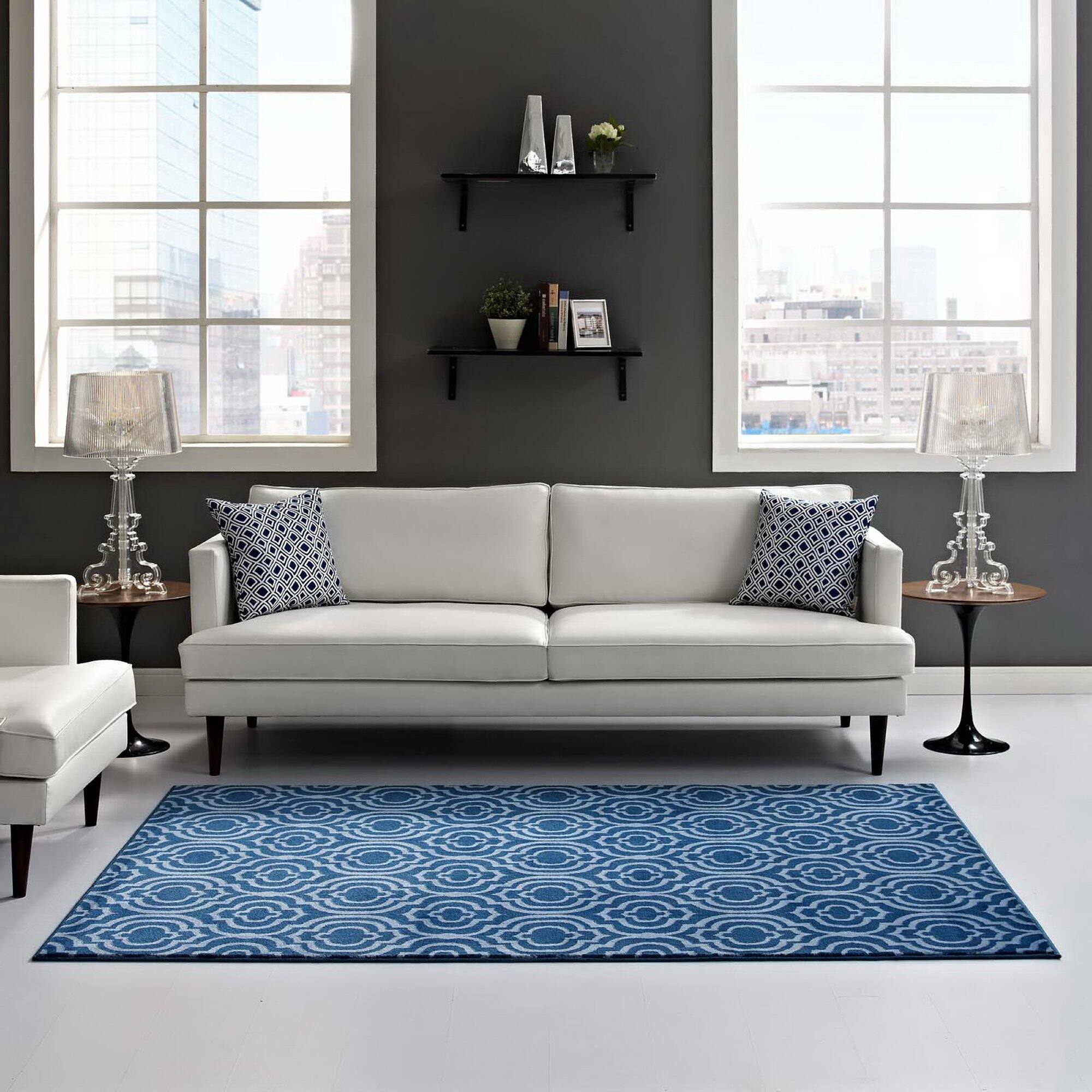 Left. Modway - Frame Transitional Moroccan Trellis Area Rug - Moroccan Blue and Light Blue.