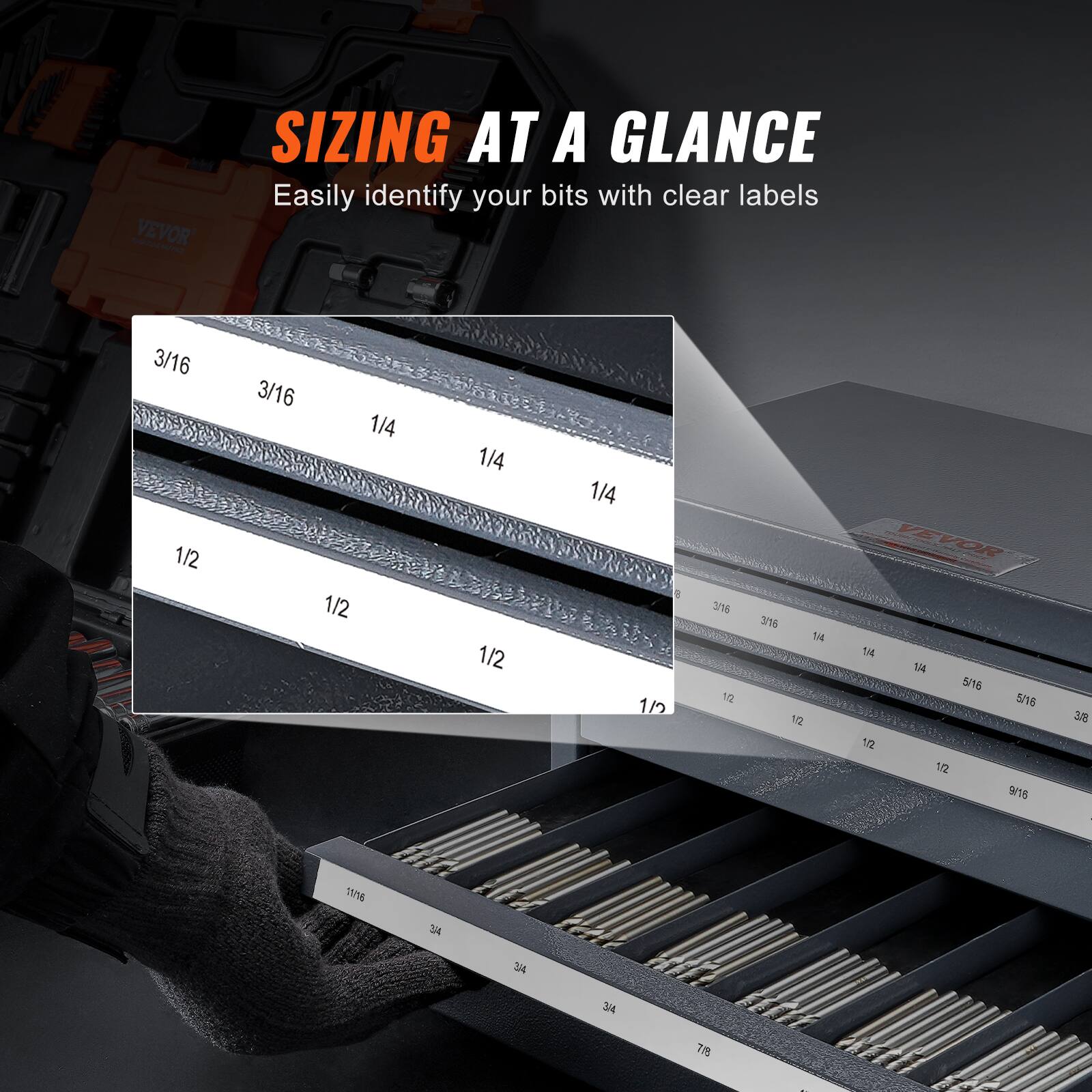 SIZING AT A GLANCE  
Easily identify your bits with clear labels  

3/16  3/16  1/4  1/4  1/2  1/2  1/2  1/2  1/2  1/2  1/2  1/2  1/2  1/2  1/2  1/2  1/2  1/2  1/2  1/2  1/2  1/2  1/2  1/2  1/2  1/2  1/2  1/2  1/2  1/2  1/2  1/2  1/2  1/2  1/2  1/2  1/2  1/2  1/2  1/2  1/2  1/2  1/2  1/2  1/2  1/2  1/2  1/
