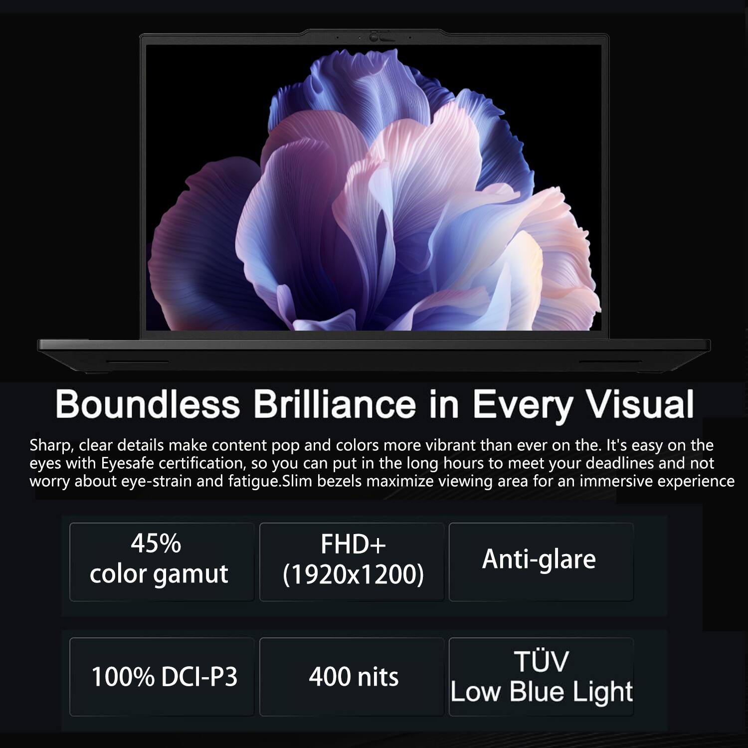 Boundless Brilliance in Every Visual

Sharp, clear details make content pop and colors more vibrant than ever on the screen. It's easy on the eyes with Eyesafe certification, so you can put in the long hours to meet your deadlines and not worry about eye-strain and fatigue. Slim bezels maximize viewing area for an immersive experience.

- 45% color gamut
- FHD+ (1920x1200)
- Anti-glare
- 100% DCI-P3
- 400 nits
- TÜV Low Blue Light