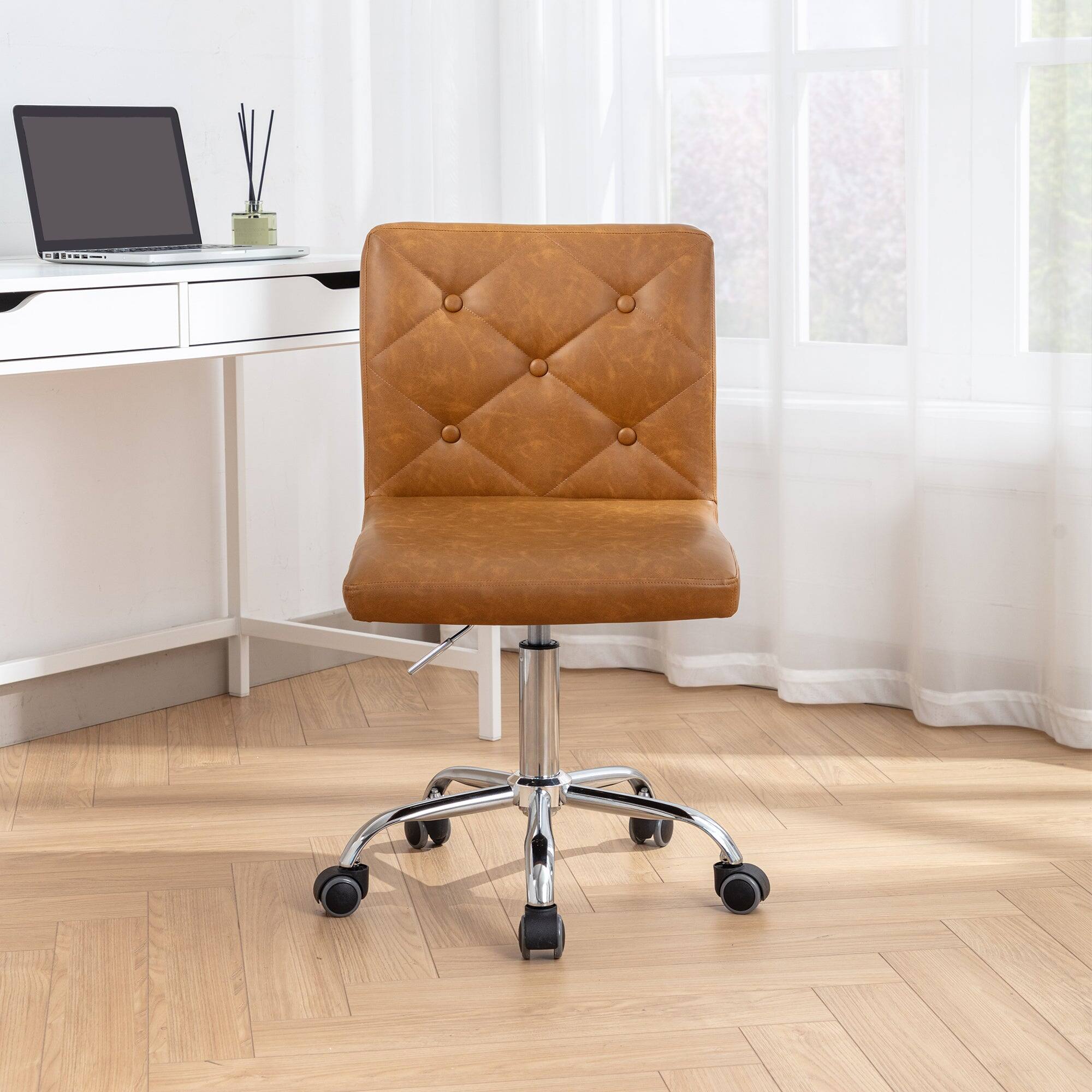 Left. Vecelo - PU Leather Office Chair - Adjustable Height Rolling Armless Chair, Basic Task Chair with No Arms - Brown.
