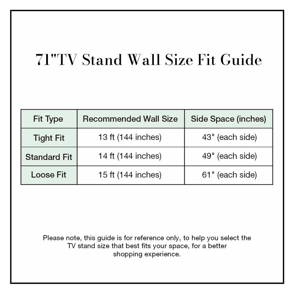 71" TV Stand Wall Size Fit Guide

| Fit Type | Recommended Wall Size | Side Space (inches) |
|----------|----------------------|--------------------|
| Tight Fit | 13 ft (144 inches)    | 43" (each side)     |
| Standard Fit | 14 ft (144 inches)    | 49" (each side)     |
| Loose Fit | 15 ft (144 inches)    | 61" (each side)     |

Please note, this guide is for reference only, to help you select the TV stand size that best fits your space, for a better shopping experience.