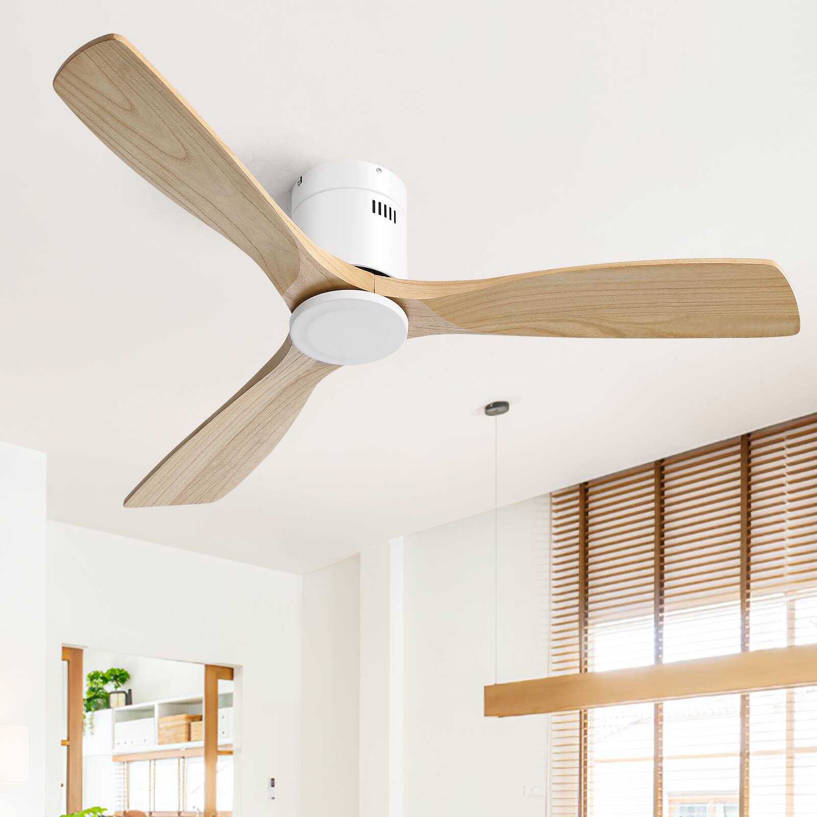 Alt View 4. Sofucor - 52'' White Ceiling Fan Modern Flush Mount Ceiling Fan No Light with Remote 3 Wood Blades for Bedroom/Farmhouse/Patio - White.