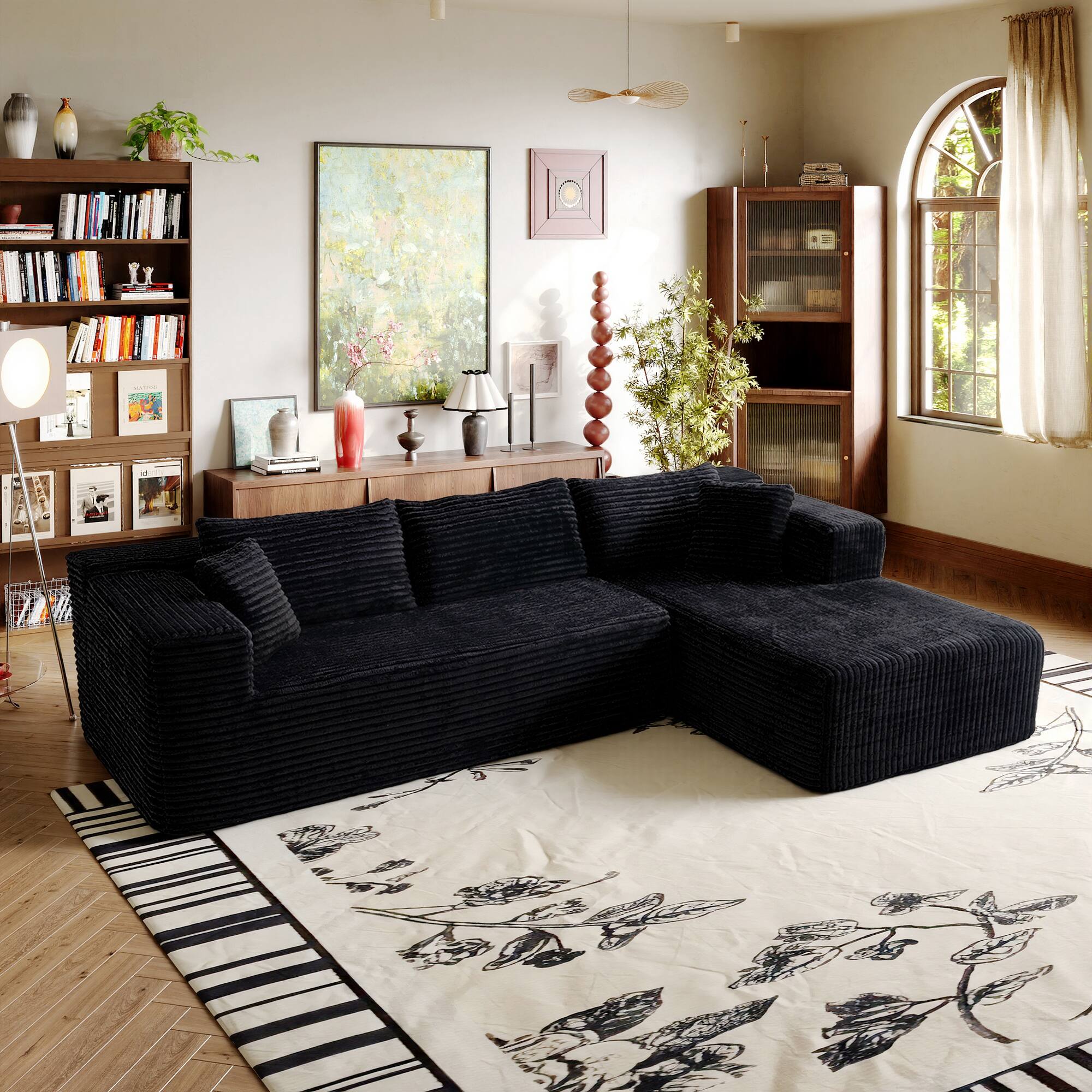 Angle. FUFU&GAGA - Modular Corduroy L-Shaped Sectional Sofa with Chaise, High-Density Foam Cushions and Matching Pillows - Black.