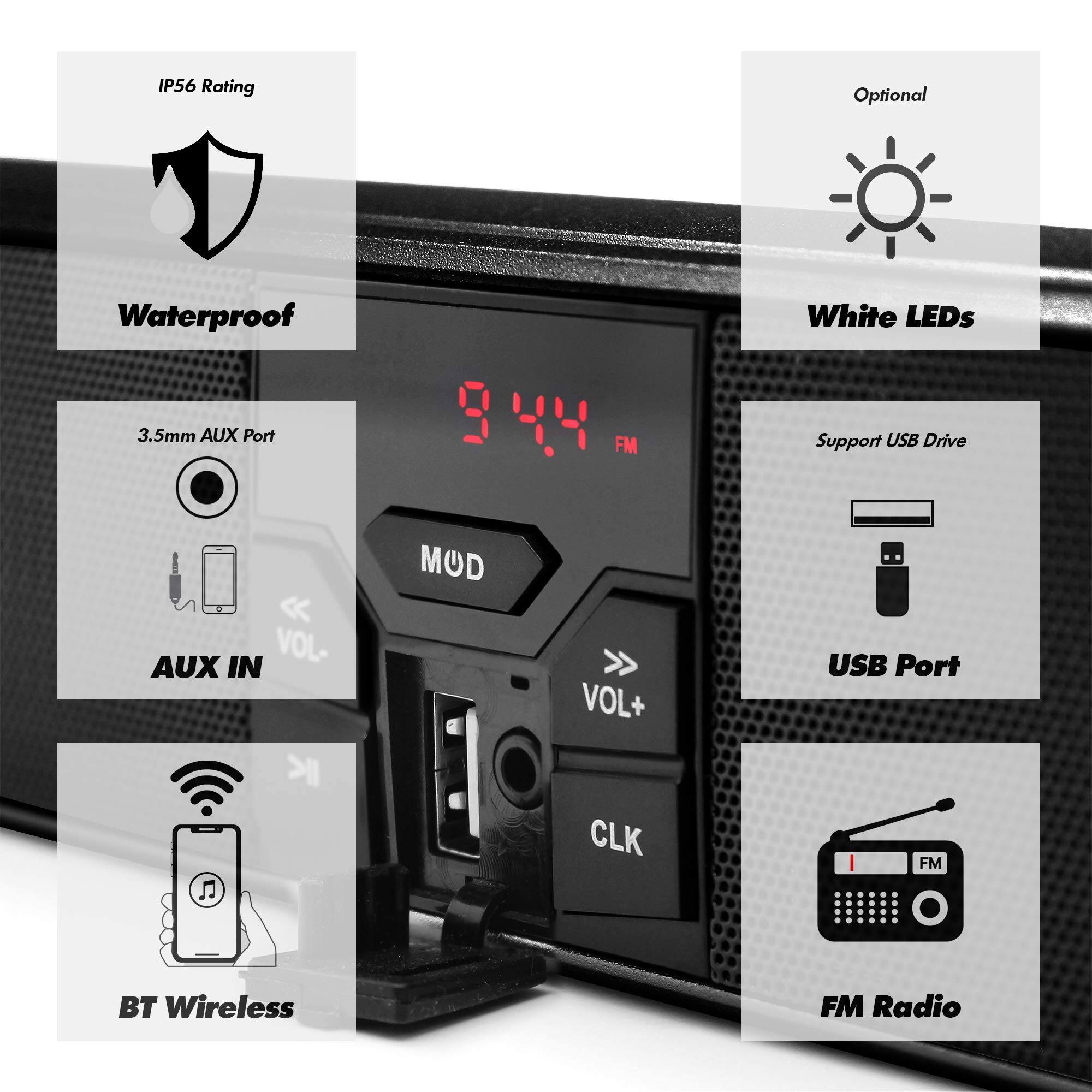 - IP56 Rating
- Waterproof
- 3.5mm AUX Port
- AUX IN
- VOL-
- VOL+
- USB Port
- Support USB Drive
- FM Radio
- BT Wireless
- White LEDs (Optional)