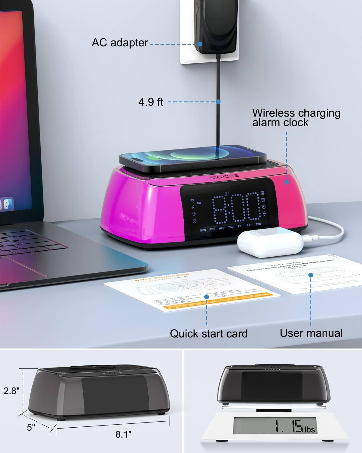 AC adapter  
4.9 ft  
Wireless charging alarm clock  
Quick start card  
User manual  

Dimensions: 2.8" x 5" x 8.1"  
Weight: 1.15 lbs