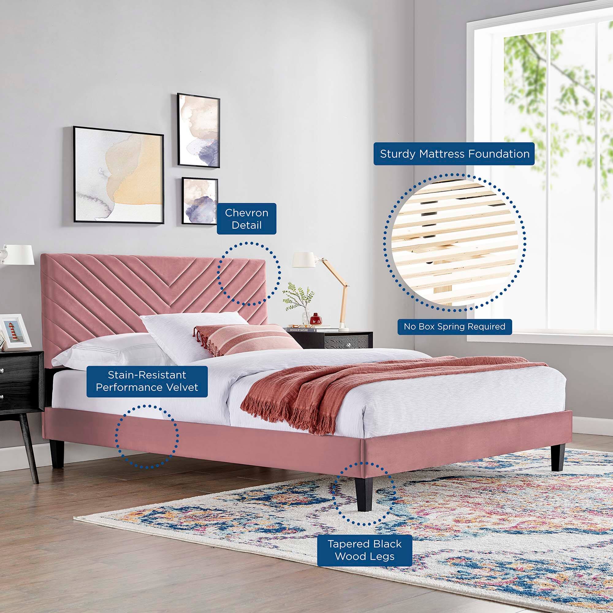 Sturdy Mattress Foundation  
Chevron Detail  
No Box Spring Required  
Stain-Resistant Performance Velvet  
Tapered Black Wood Legs