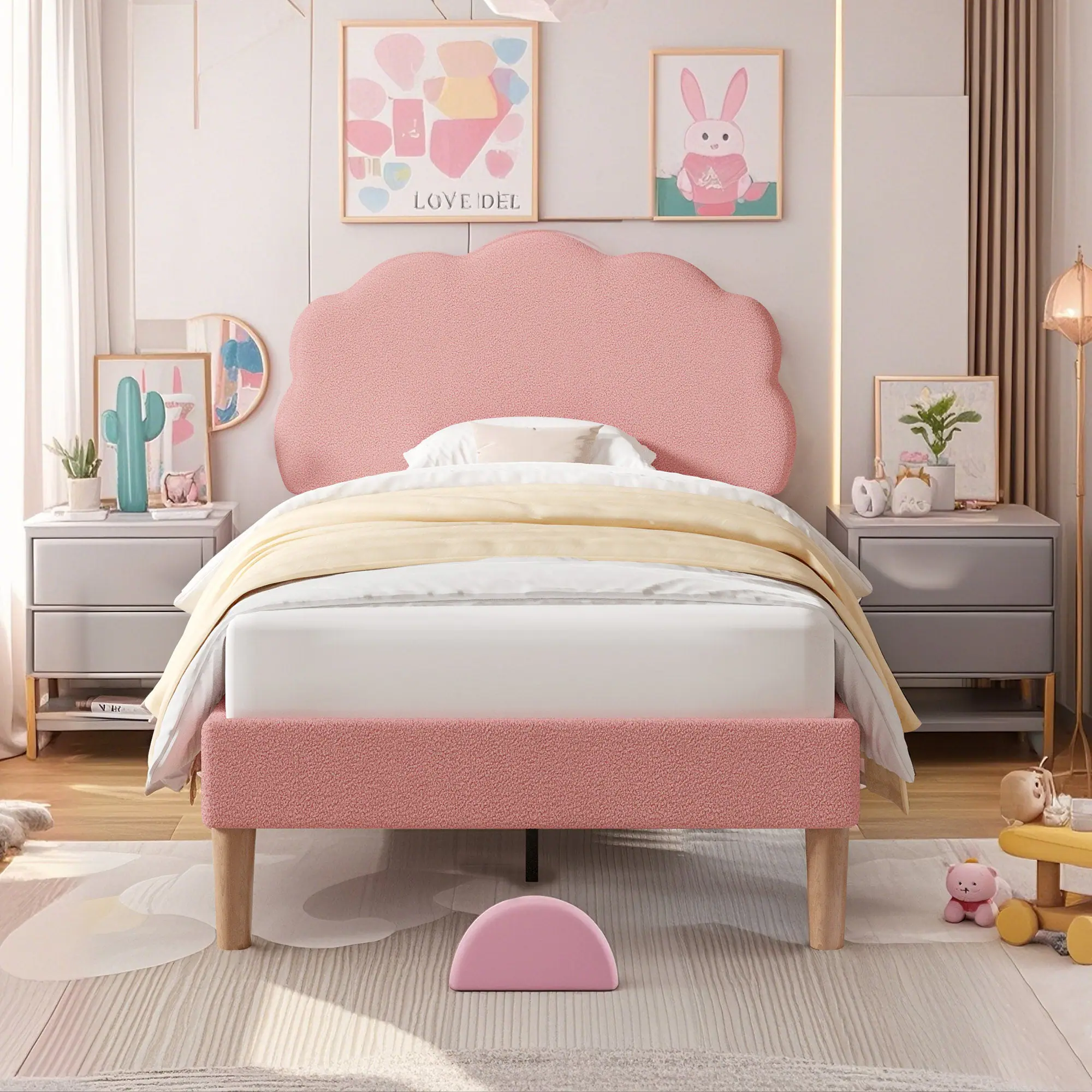 Vecelo - Cloud Headboard Twin Bed Frame for Kids, Upholstered Faux Shearling Bed with Slats, Rounded Edges - Pink