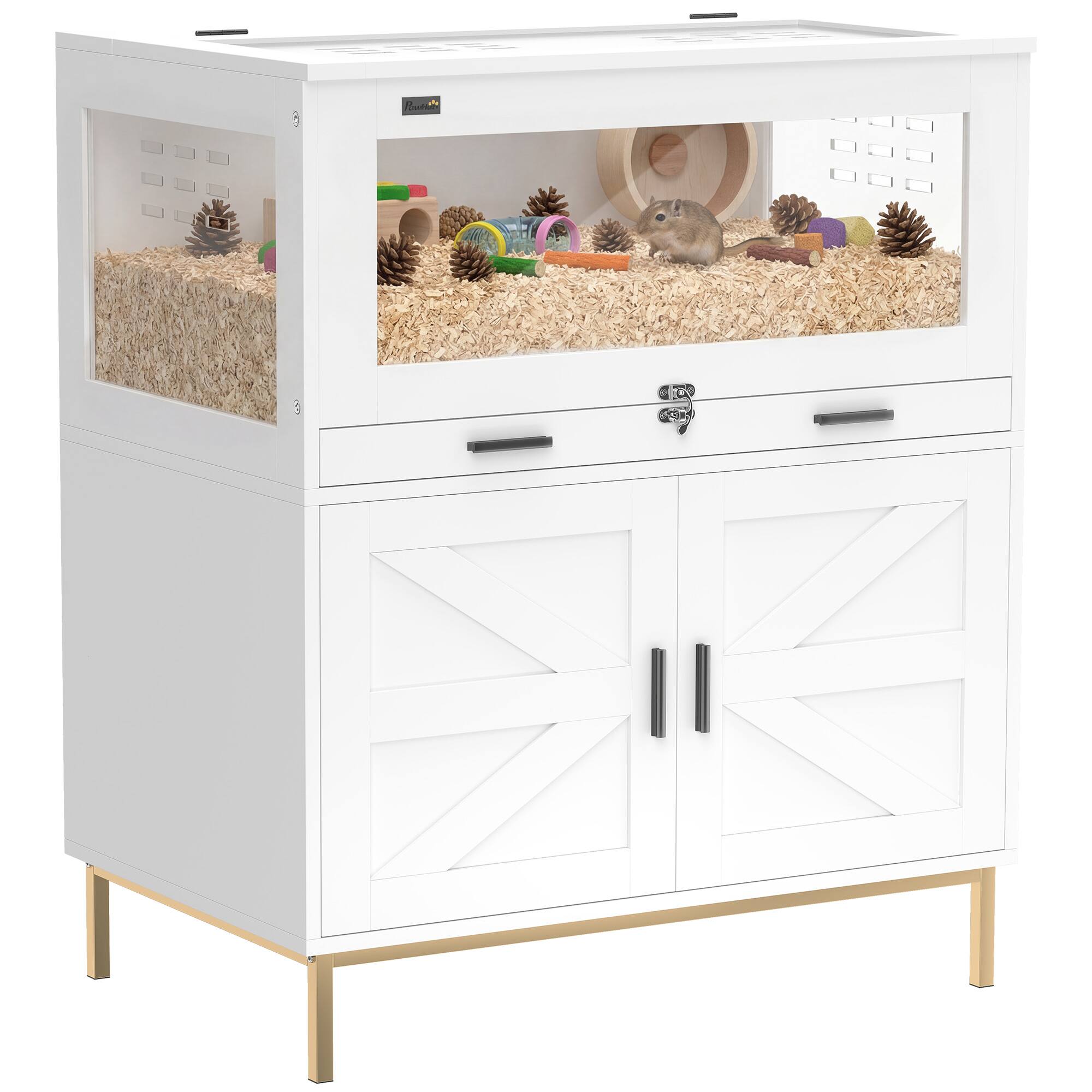 Pawhut - Cage with Storage Cabinet, Small Animal Cage with Pull Out Drawer and Acrylic Panels - White