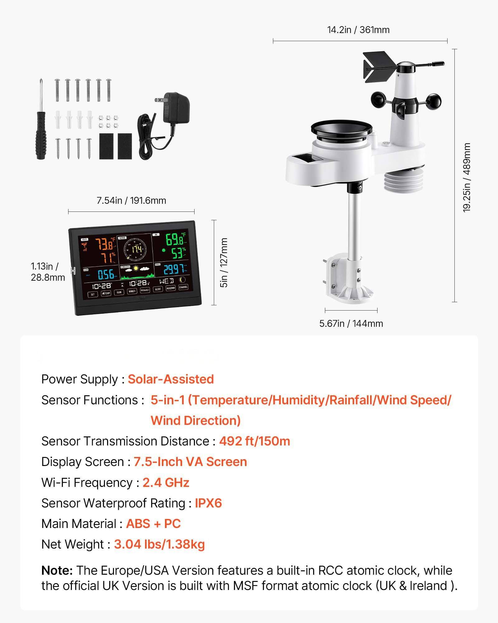 14.2in / 361mm  
1.13in / 28.8mm  
7.54in / 191.6mm  
138  
698  
174  
53  
2991-056  
0:28 WED F 10-28  
127mm  
5in  
489mm  
19.25in  
5.67in / 144mm  

Power Supply: Solar-Assisted  
Sensor Functions: 5-in-1 (Temperature/Humidity/Rainfall/Wind Speed/Wind Direction)  
Sensor Transmission Distance: 492 ft/150m  
Display Screen: 7.5-Inch VA Screen  
Wi-Fi Frequency: 2.4 GHz  
Sensor Waterproof Rating: IPX6  
Main Material: ABS + PC  
Net Weight: 3.04 lbs/1.38kg  

Note: The Europe/USA Version features a built-in RCC atomic clock, while the official UK Version is built with MSF format atomic clock (UK & Ireland).