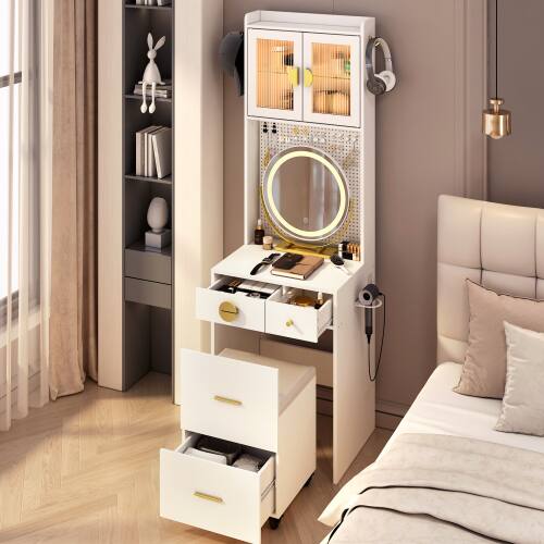 Alt View 3. Winado - Small Space Makeup Vanity Set LED Lighted Mirror Power Outlet & DIY Pegboard, Hidden Storage Under the Seat - White.