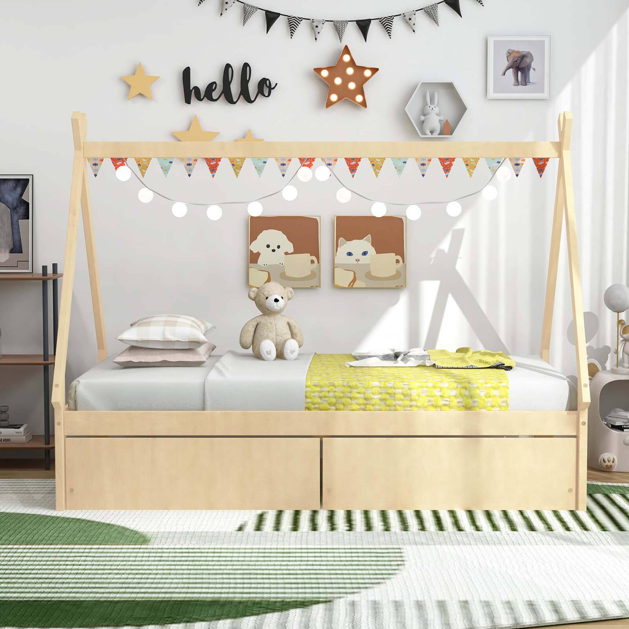 Alt View 2. Costway - Twin Size Wooden House Bed with 2 Drawers Roof Storage for Boys & Girls - Natural.