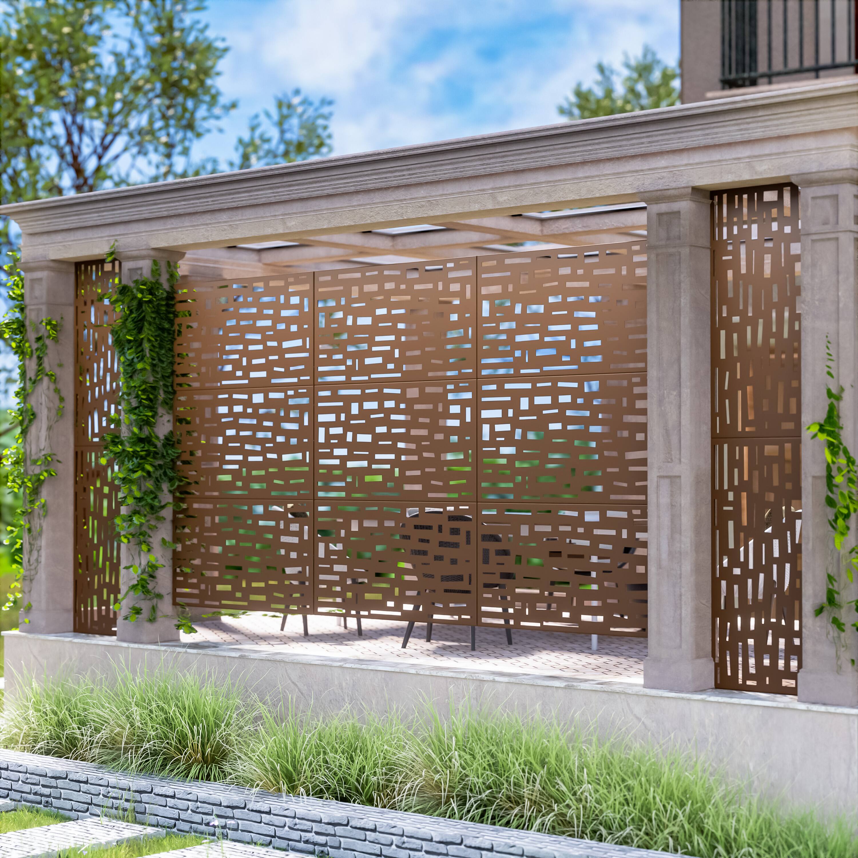 Alt View 3. PexFix - 72 in. x 47 in. Gerald Pattern Metal Outdoor Privacy Screen & Panels, Freestanding Garden Divider Fence - Brown.