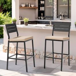 Crestlive Products - Set 2 Black Metal Frame Stationary Bar Stool Chair with Seat Cushion - Beige-2PC