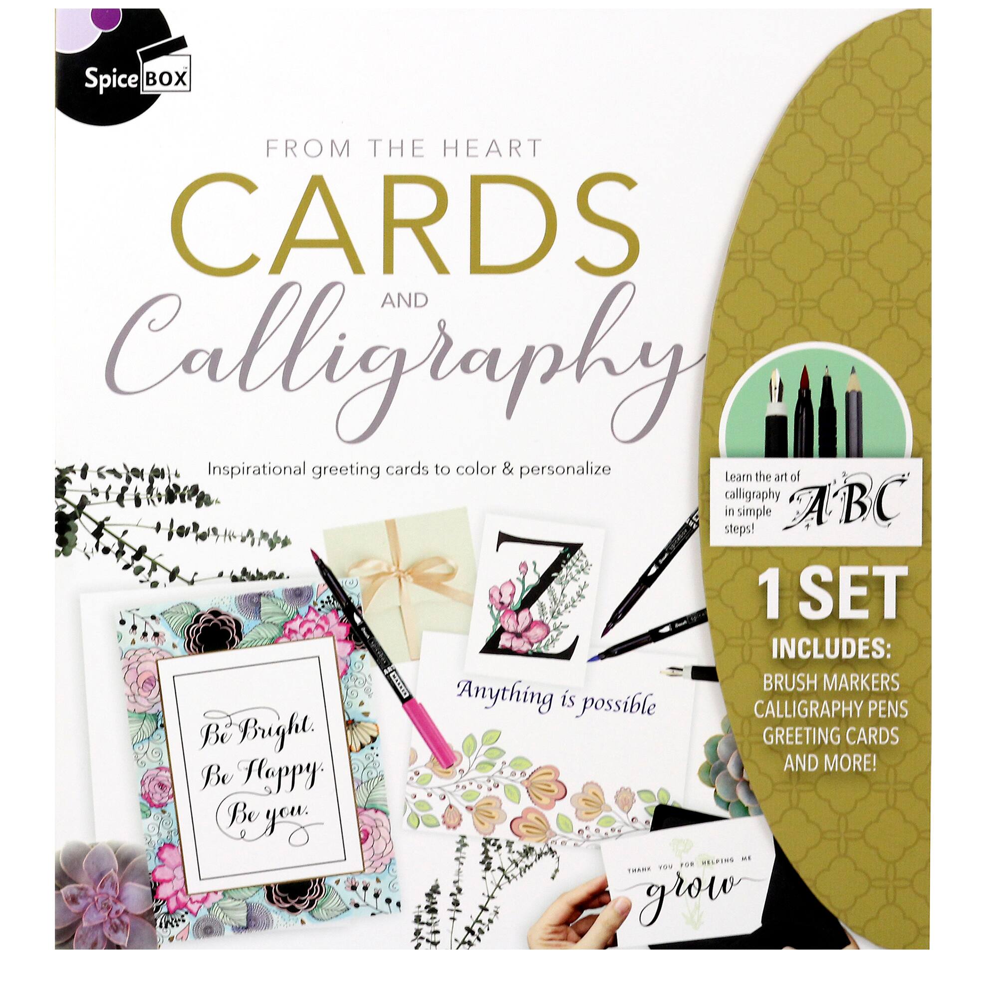 Spice Box From the Heart Cards and Calligraphy: Inspirational greeting cards to color & personalize. Learn the art of calligraphy with ABC in simple steps! 1 SET INCLUDES: Calligraphy Pens, Brush Markers, and Greeting Cards and More! Be Bright. Be Happy. Be You. Grow.