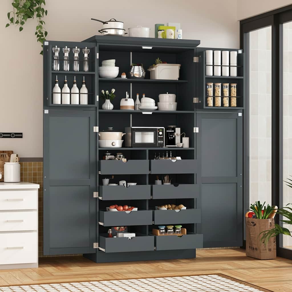 Forest'nSky - 70.9" Freestanding Pantry Cabinet, 35.5" Wide with 8 Pull-Out Trays & Door Shelves for Dining Room - Gray
