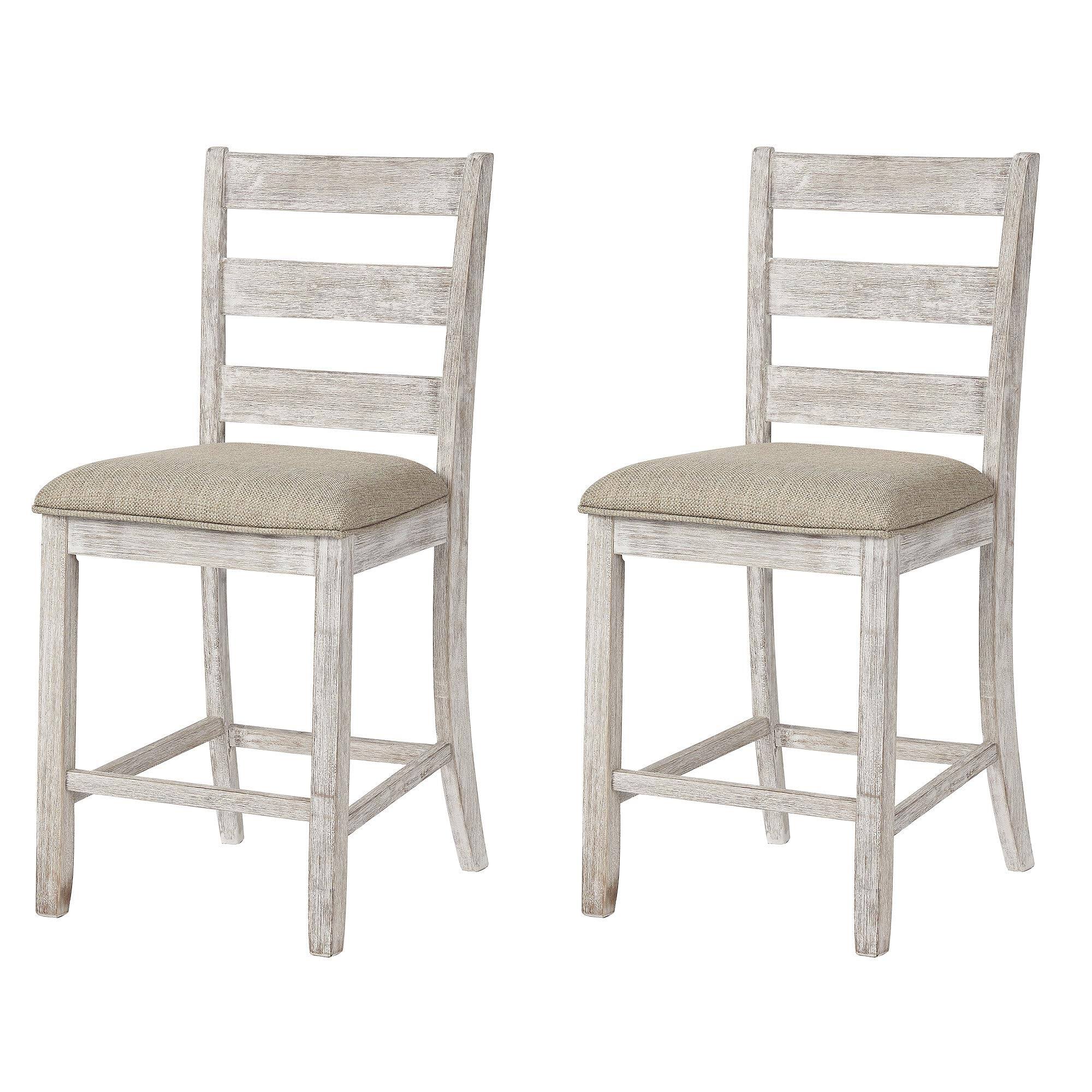 Front. JETRANSPORT - Skempton | 2-count 24" Counter-height Upholstered Bar Stools - Chic Ladder-back Antique White - Whitewash.
