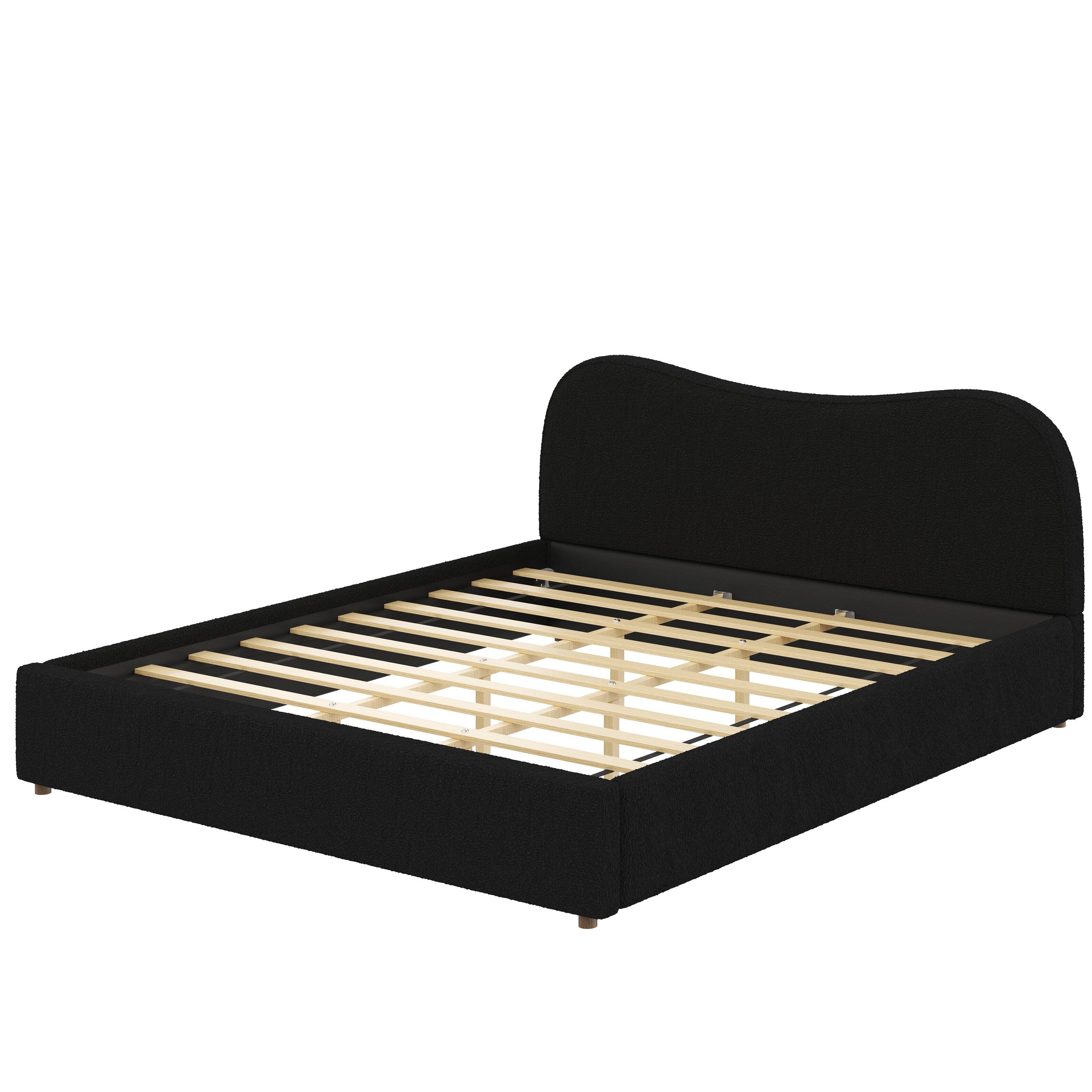 Left. Whisen - King Size Upholstered Platform Bed Frame with Curved Headboard, Bouclé Fabric Bed for Modern Bedroom - Black.