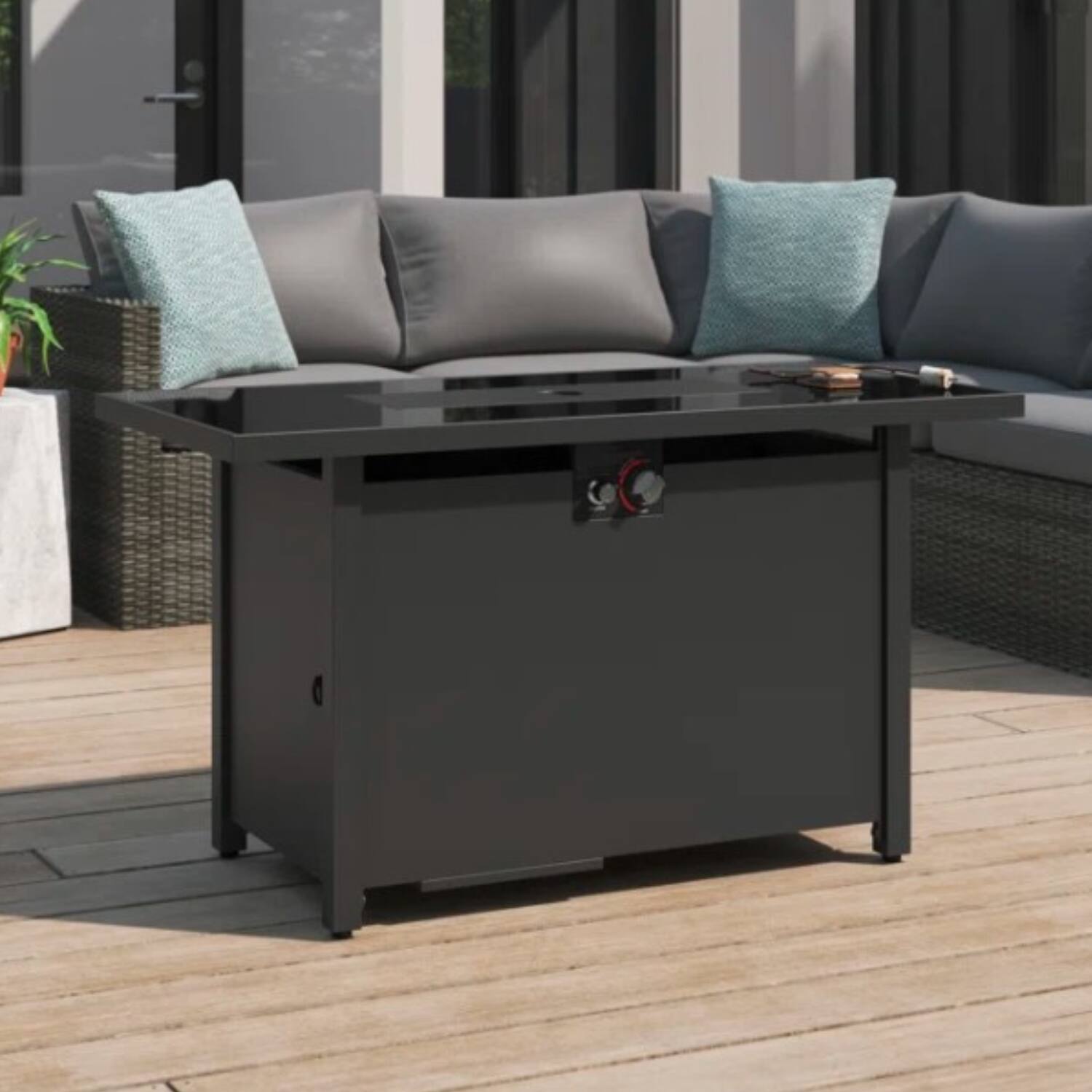 Front. APRILSOUL - 25 inch H x 42 inch W Steel Outdoor Fire Pit Table with Lid - DARK GREY.