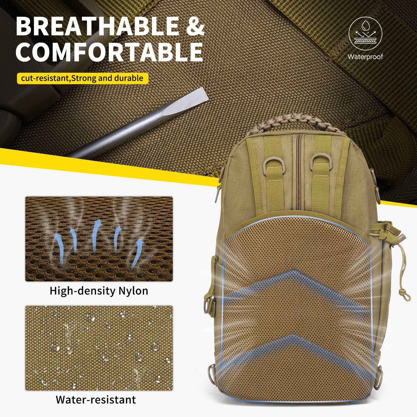 BREATHABLE & COMFORTABLE  
cut-resistant, Strong and durable  

Waterproof  
High-density Nylon  
Water-resistant